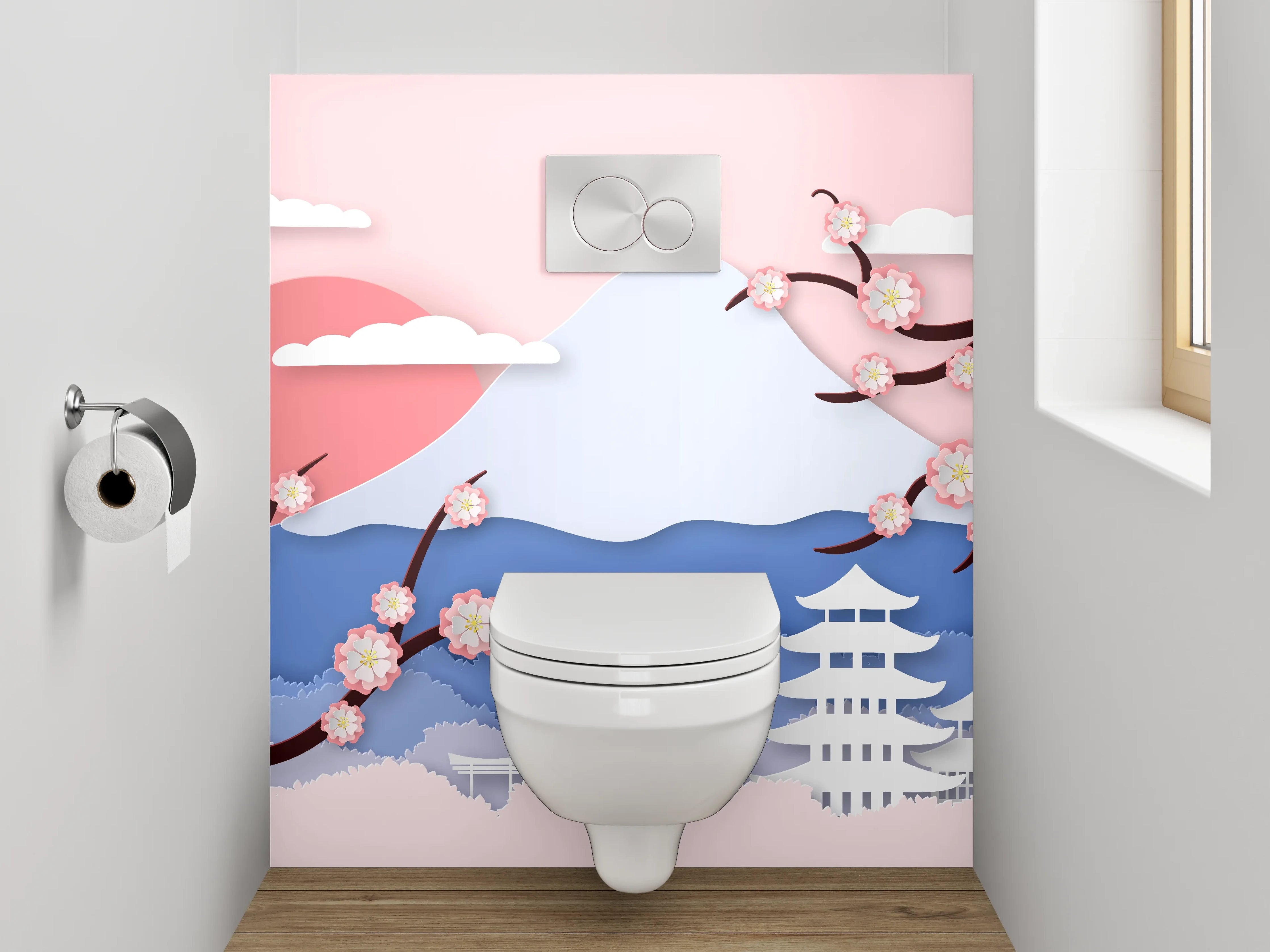 WC-Rückwand - Japanische Kirschblüten Landschaft Wandbild