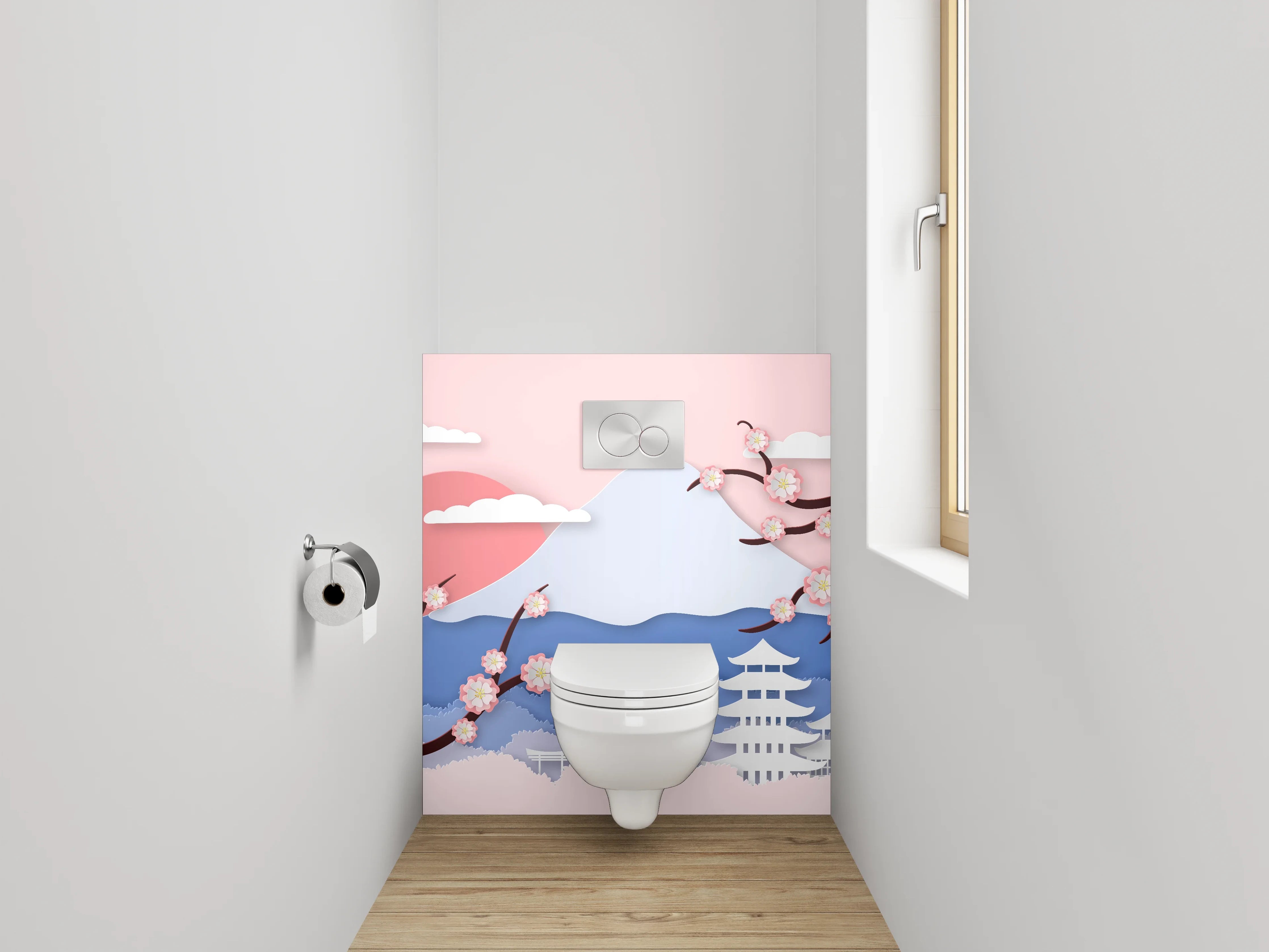 WC-Rückwand - Japanische Kirschblüten Landschaft Wandbild