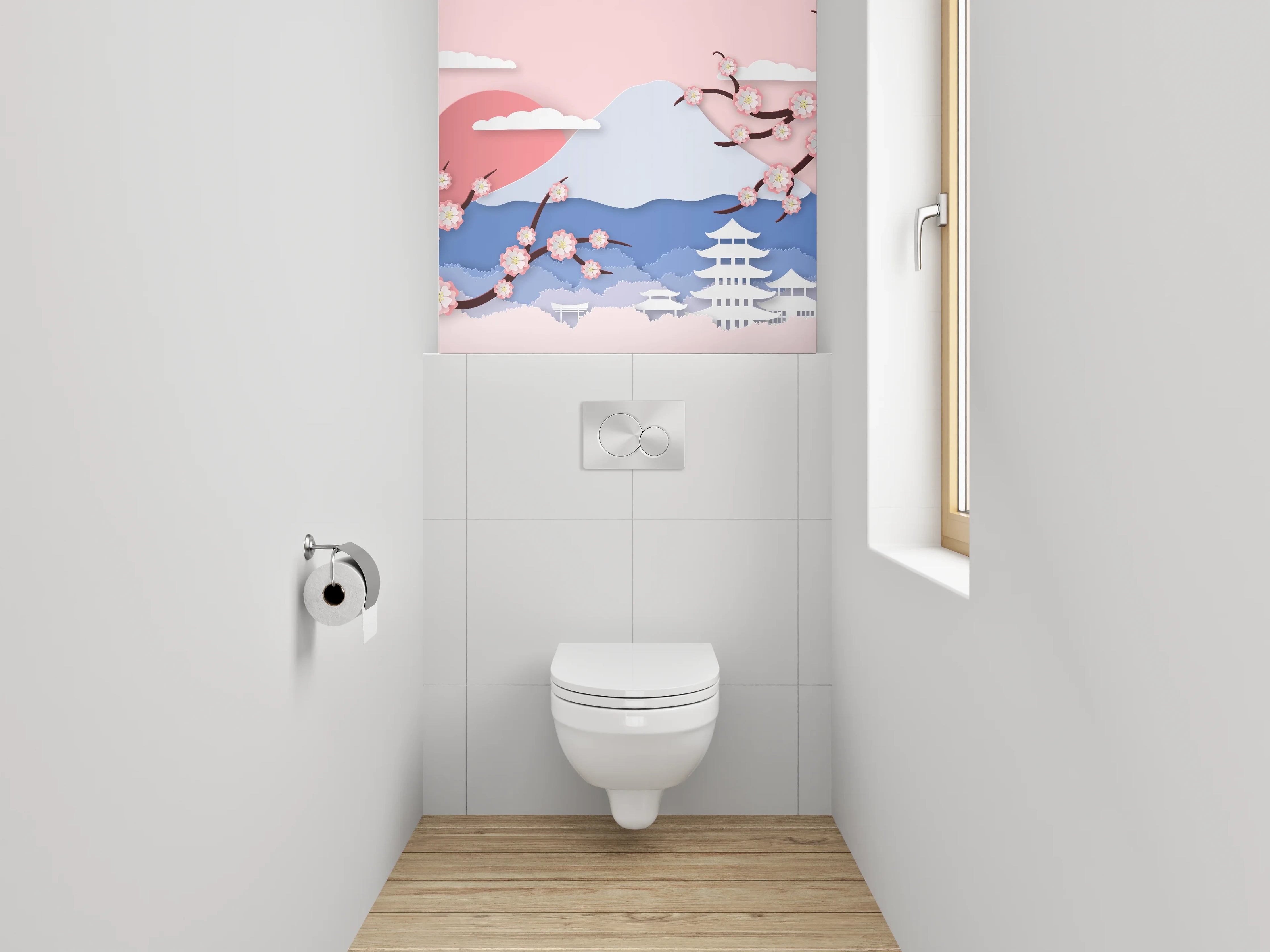 WC-Rückwand - Japanische Kirschblüten Landschaft Wandbild
