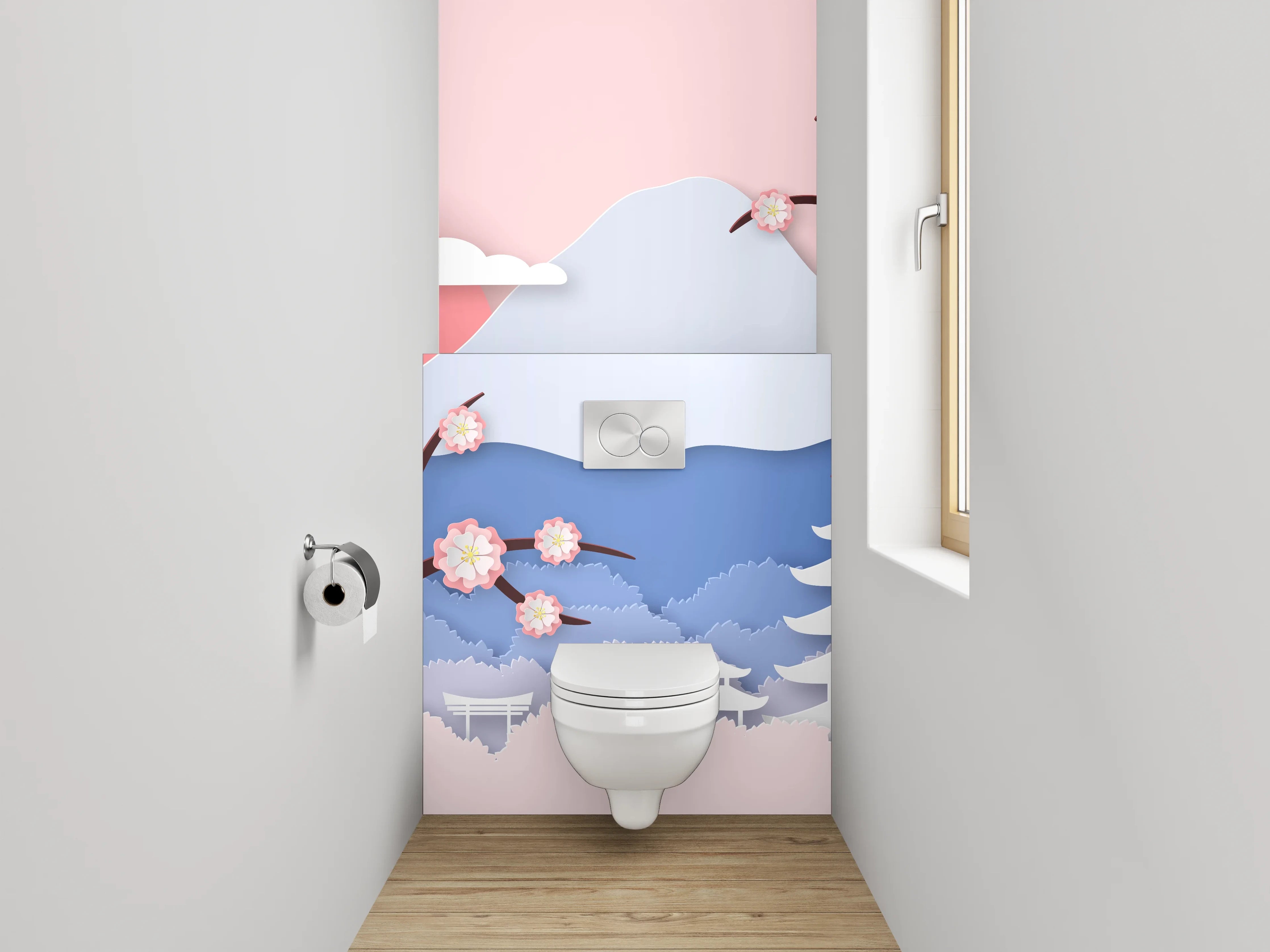 WC-Rückwand - Japanische Kirschblüten Landschaft Wandbild