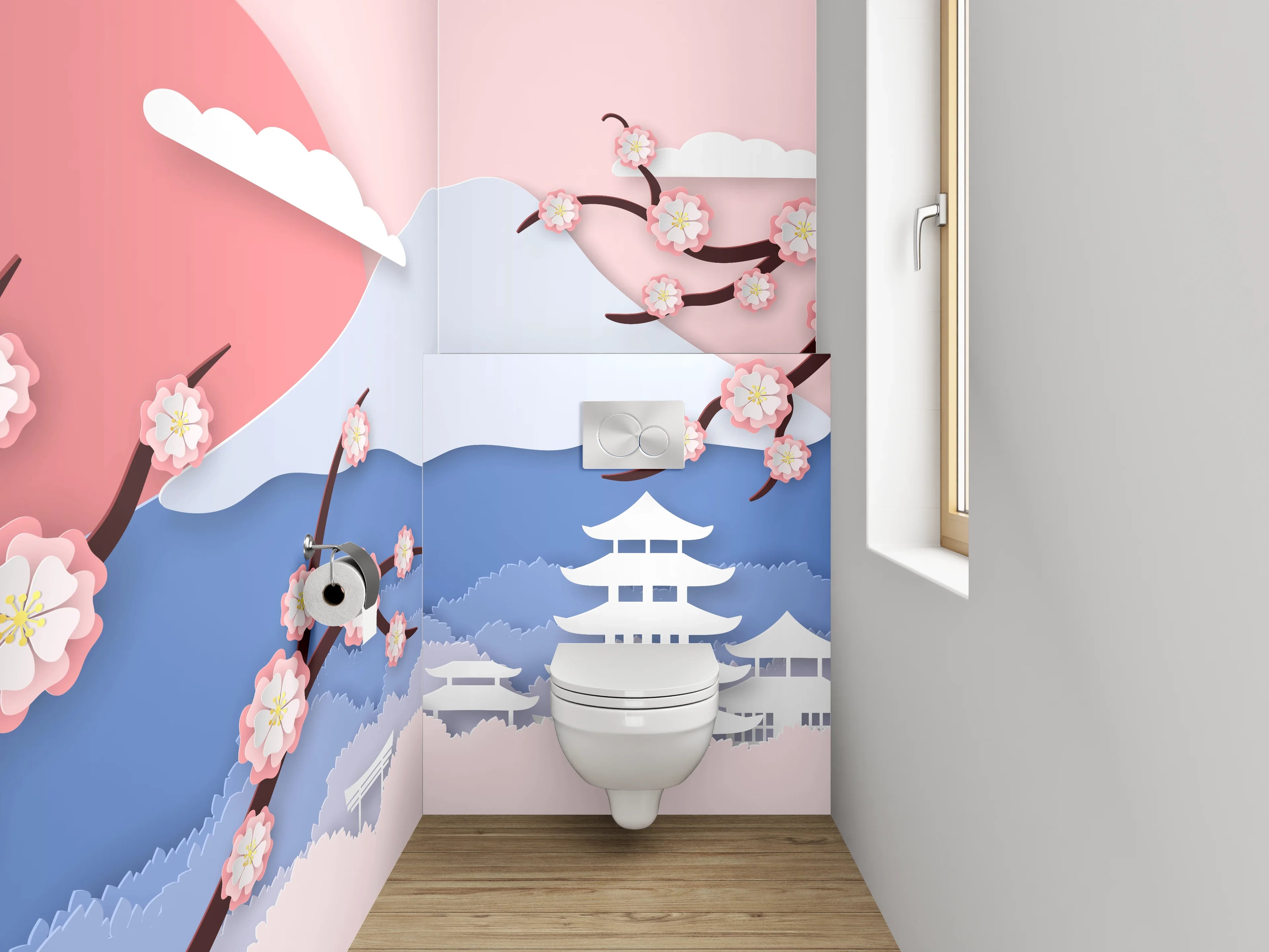 WC-Rückwand - Japanische Kirschblüten Landschaft Wandbild