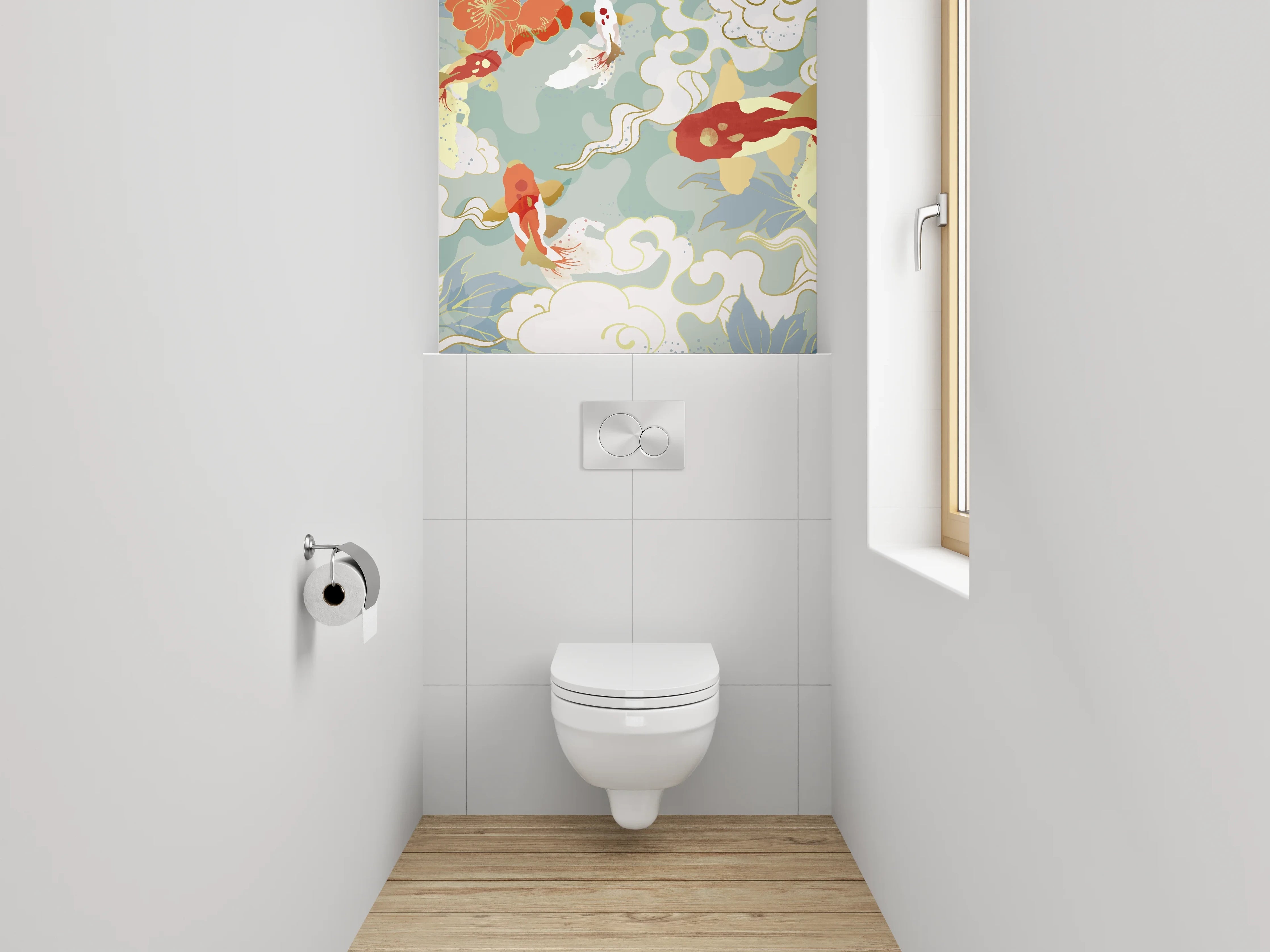 WC-Rückwand - Japanische Koi-Karpfen mit Blumen Aquarell