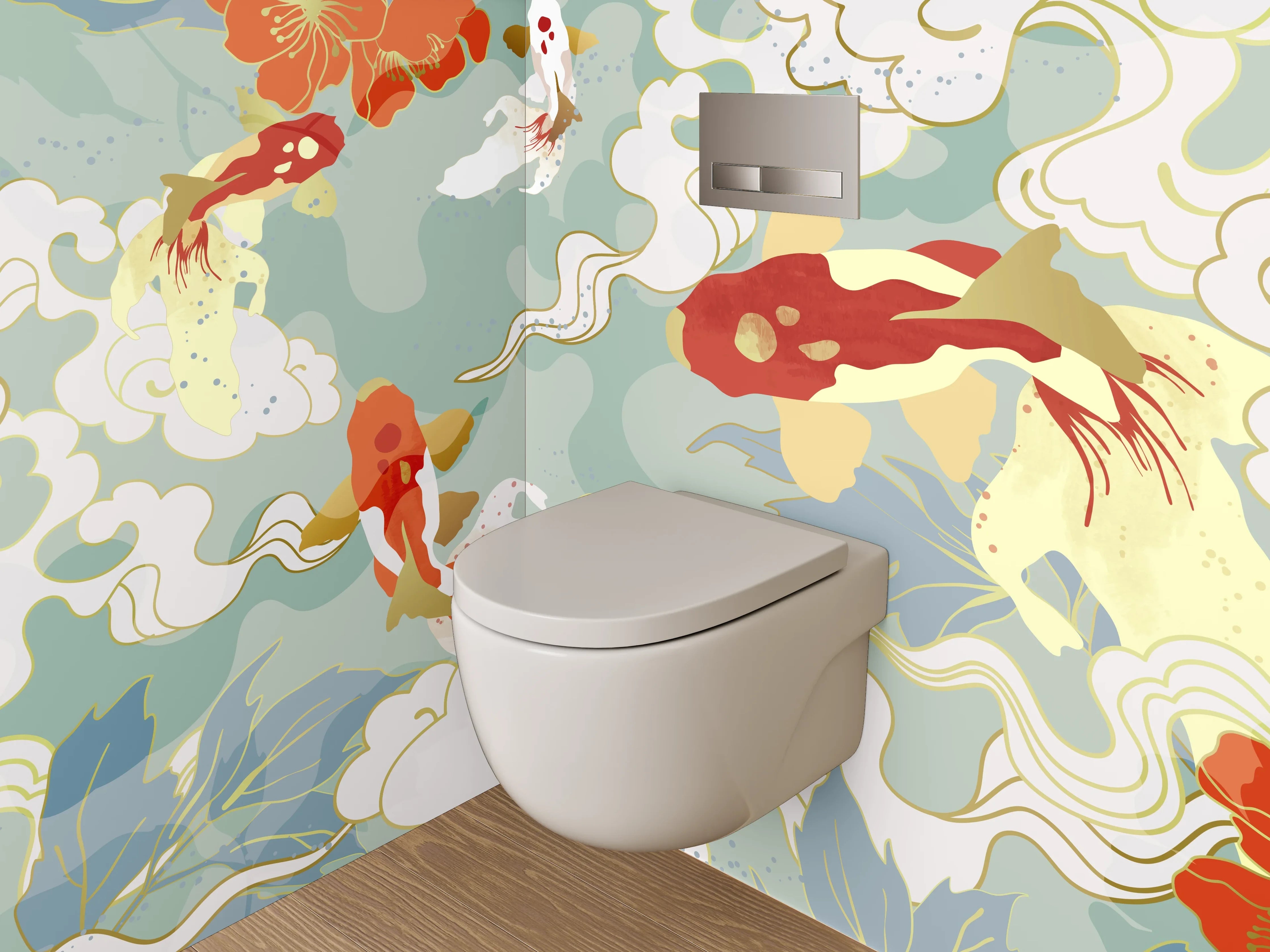 WC-Rückwand - Japanische Koi-Karpfen mit Blumen Aquarell