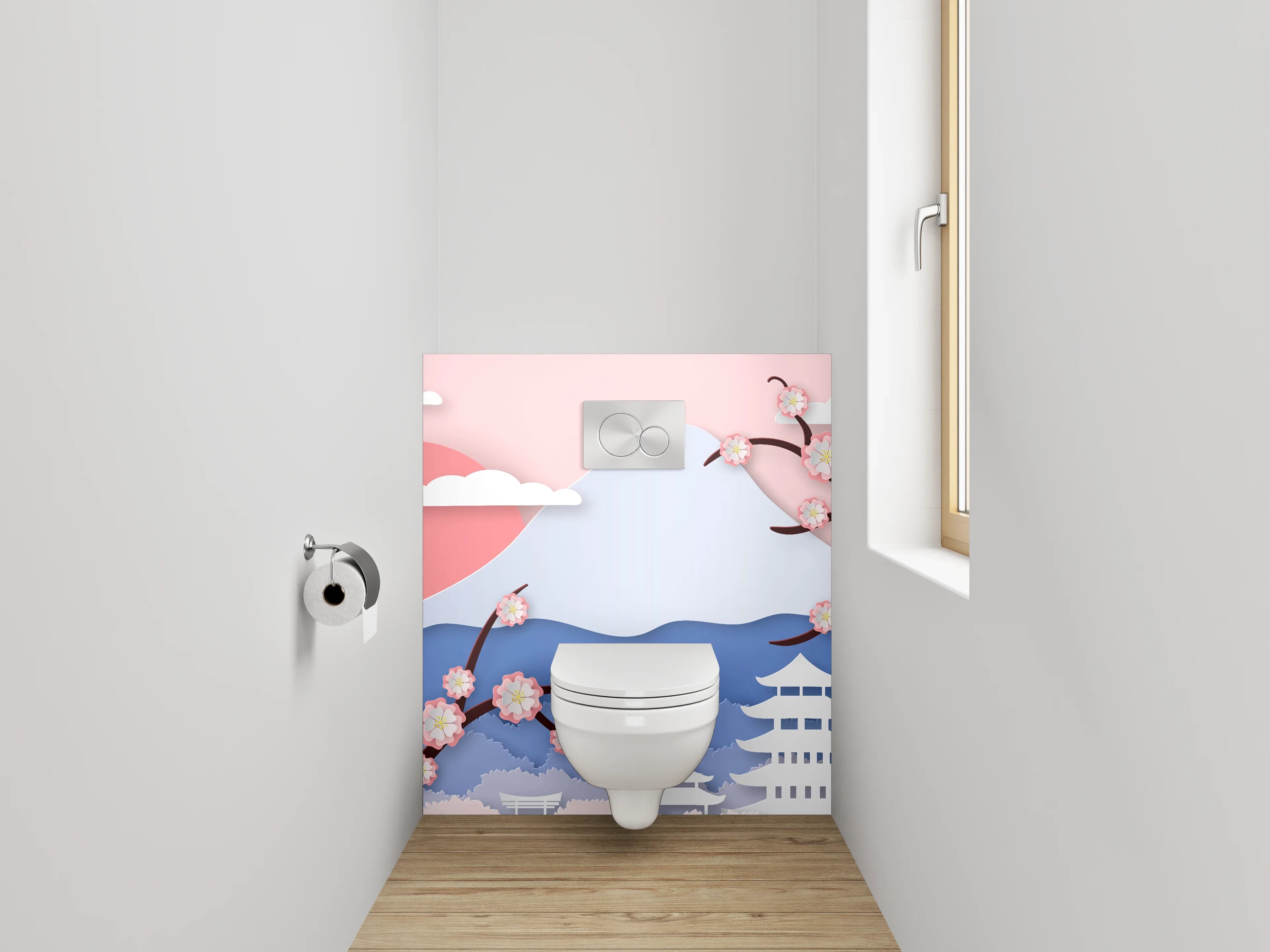 WC-Rückwand - Japanische Landschaft mit Kirschblüten