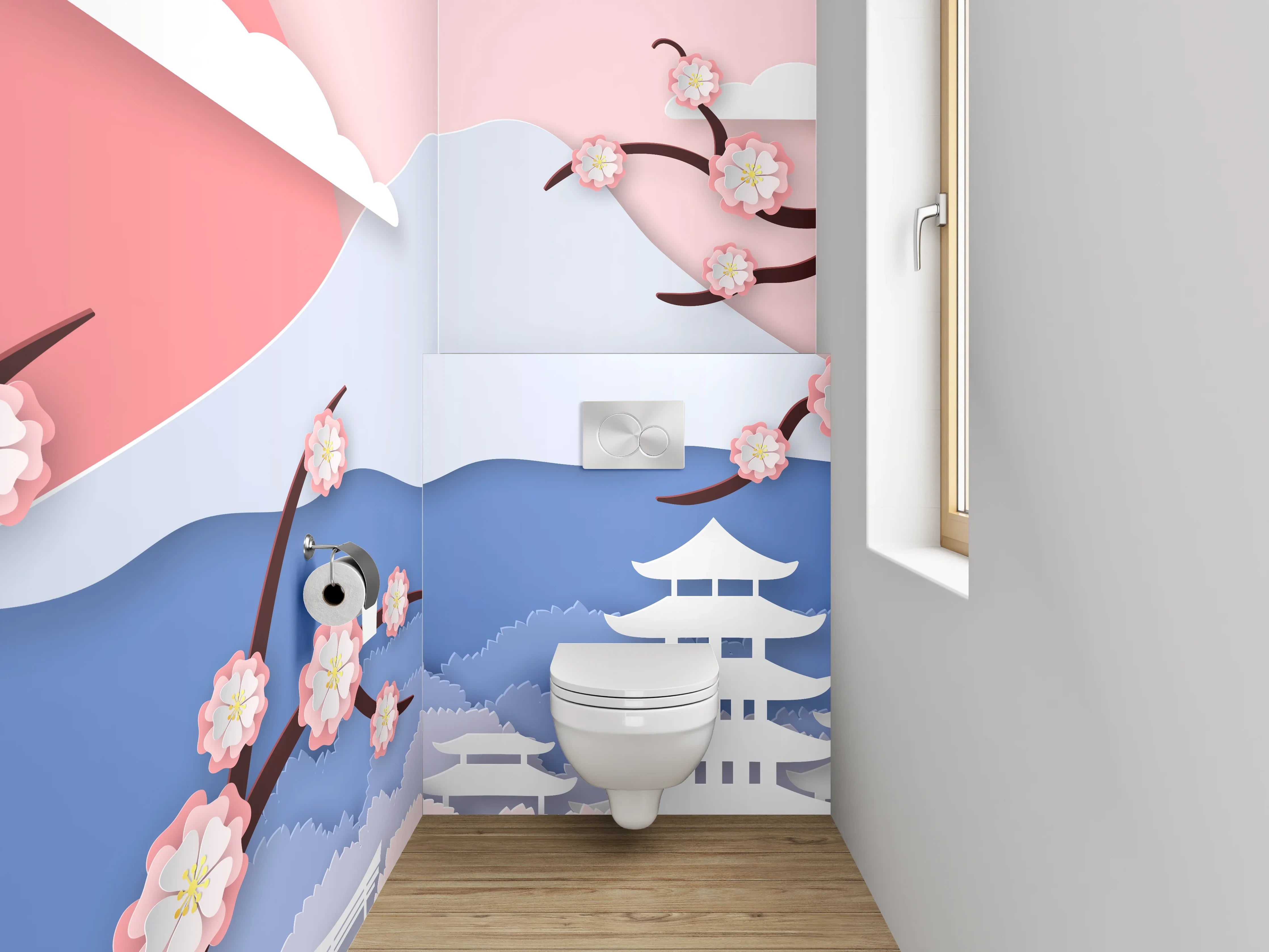 WC-Rückwand - Japanische Landschaft mit Kirschblüten