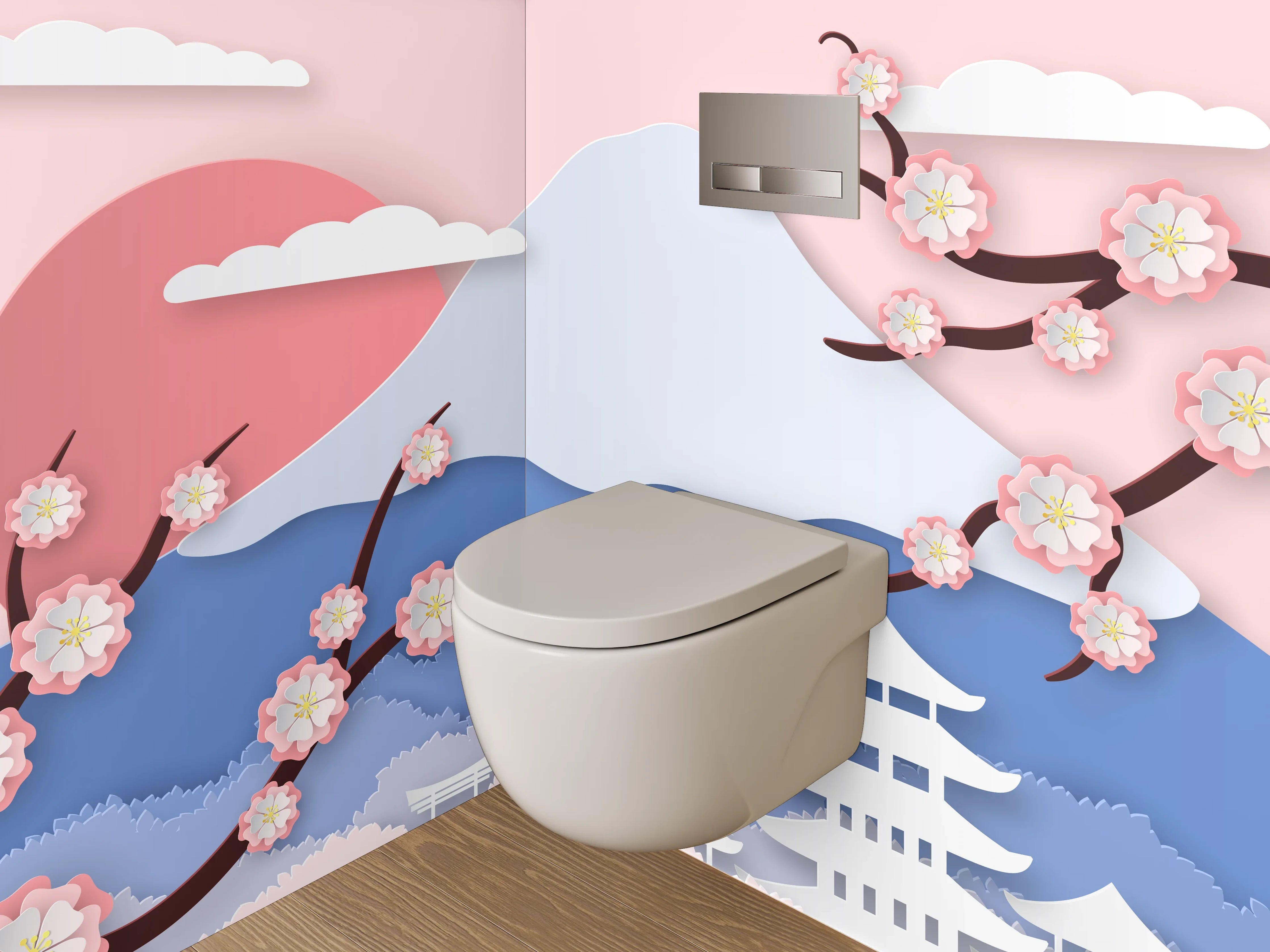 WC-Rückwand - Japanische Landschaft mit Kirschblüten
