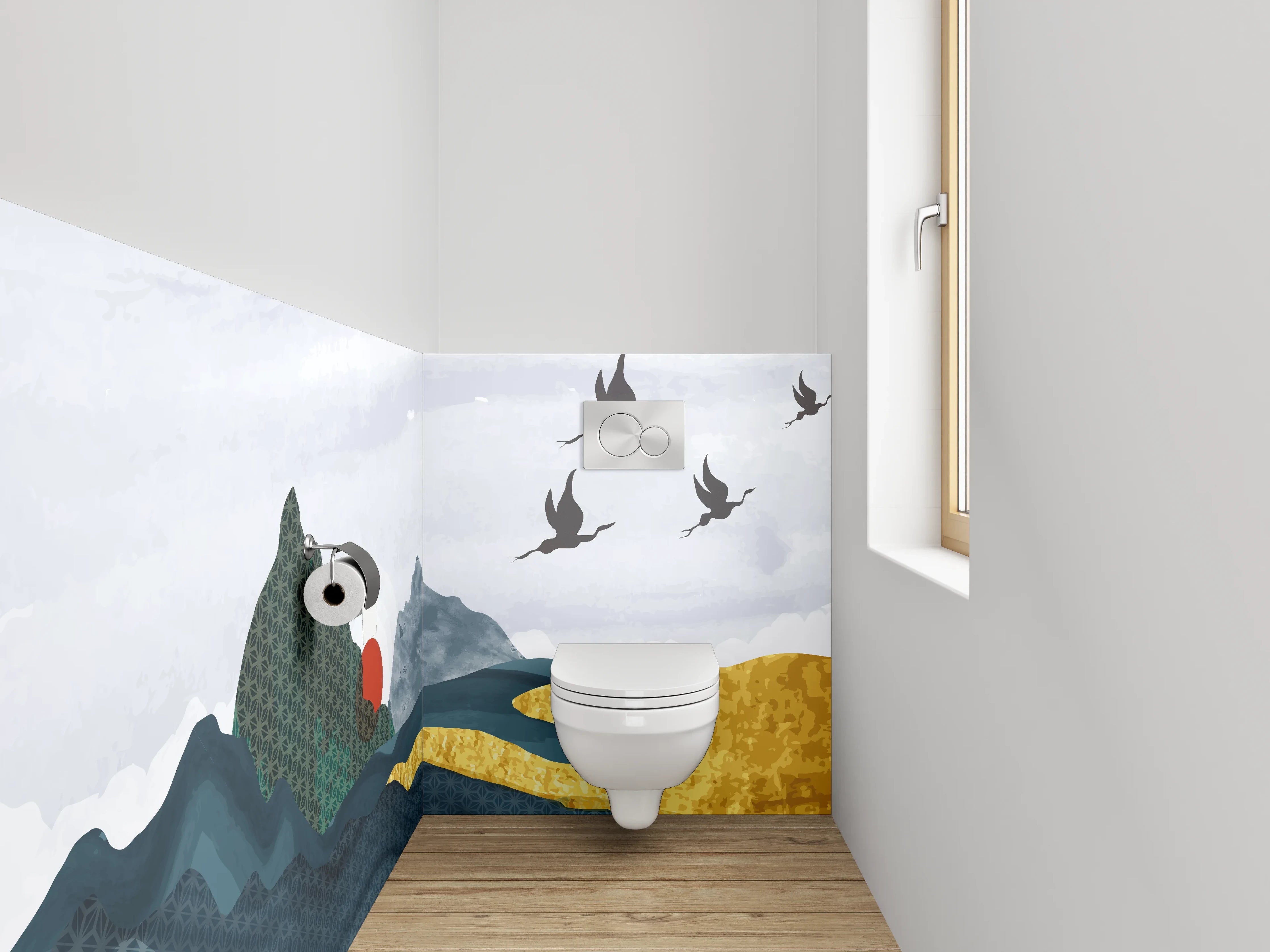 WC-Rückwand - Japanische Landschaft mit Kranichen