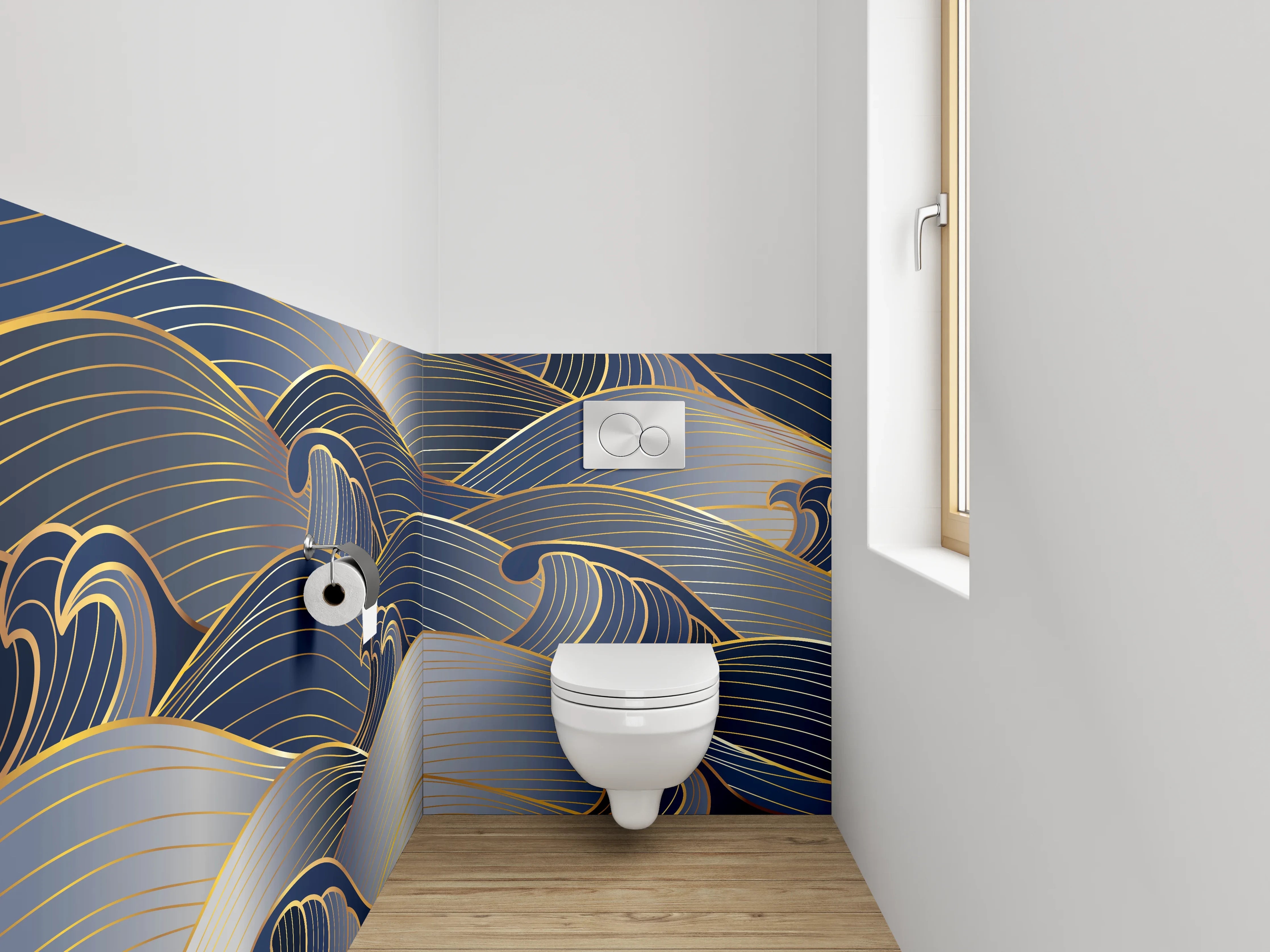 WC-Rückwand - Japanische Wellen Gold Blau Silber