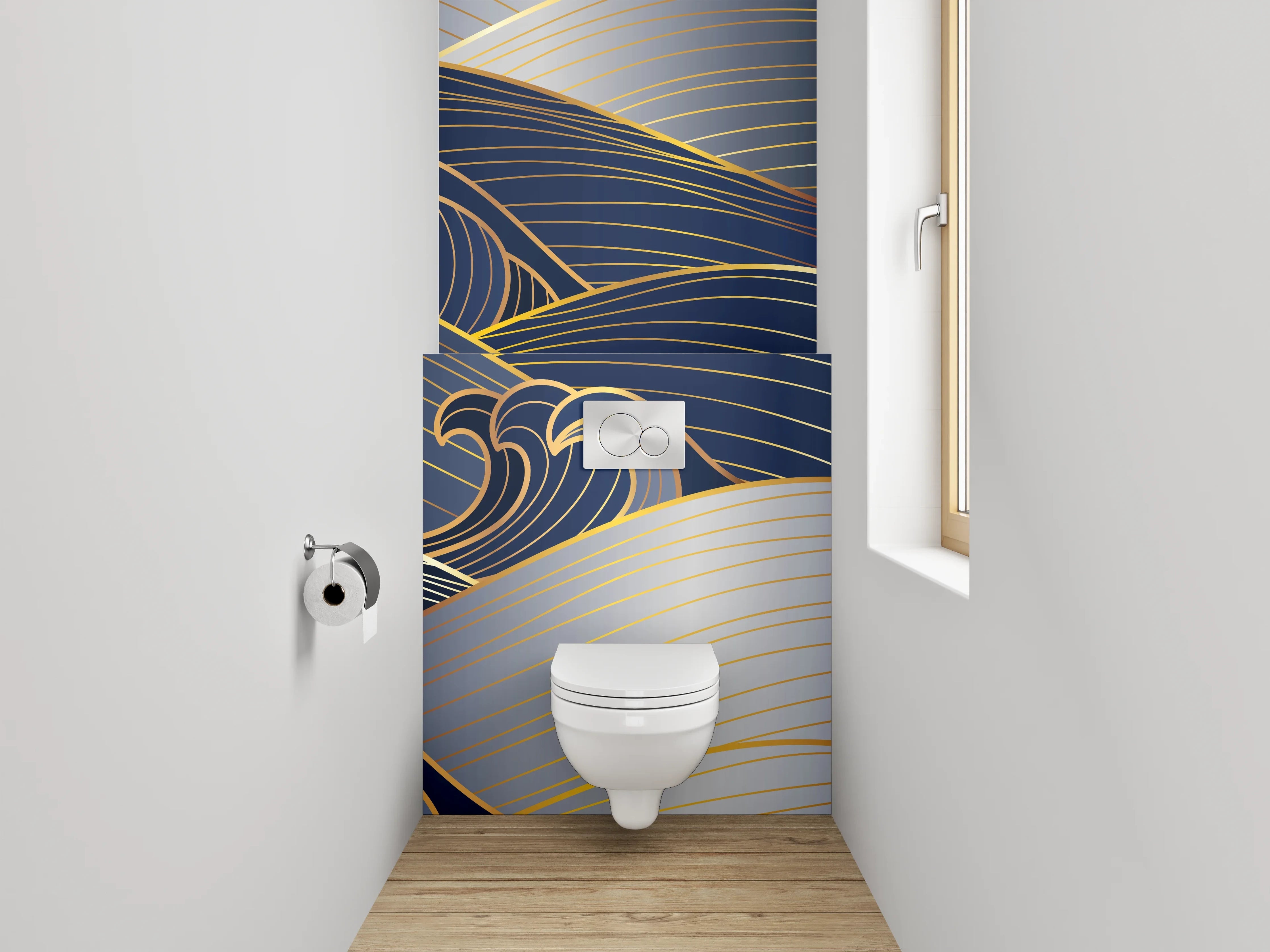 WC-Rückwand - Japanische Wellen Gold Blau Silber
