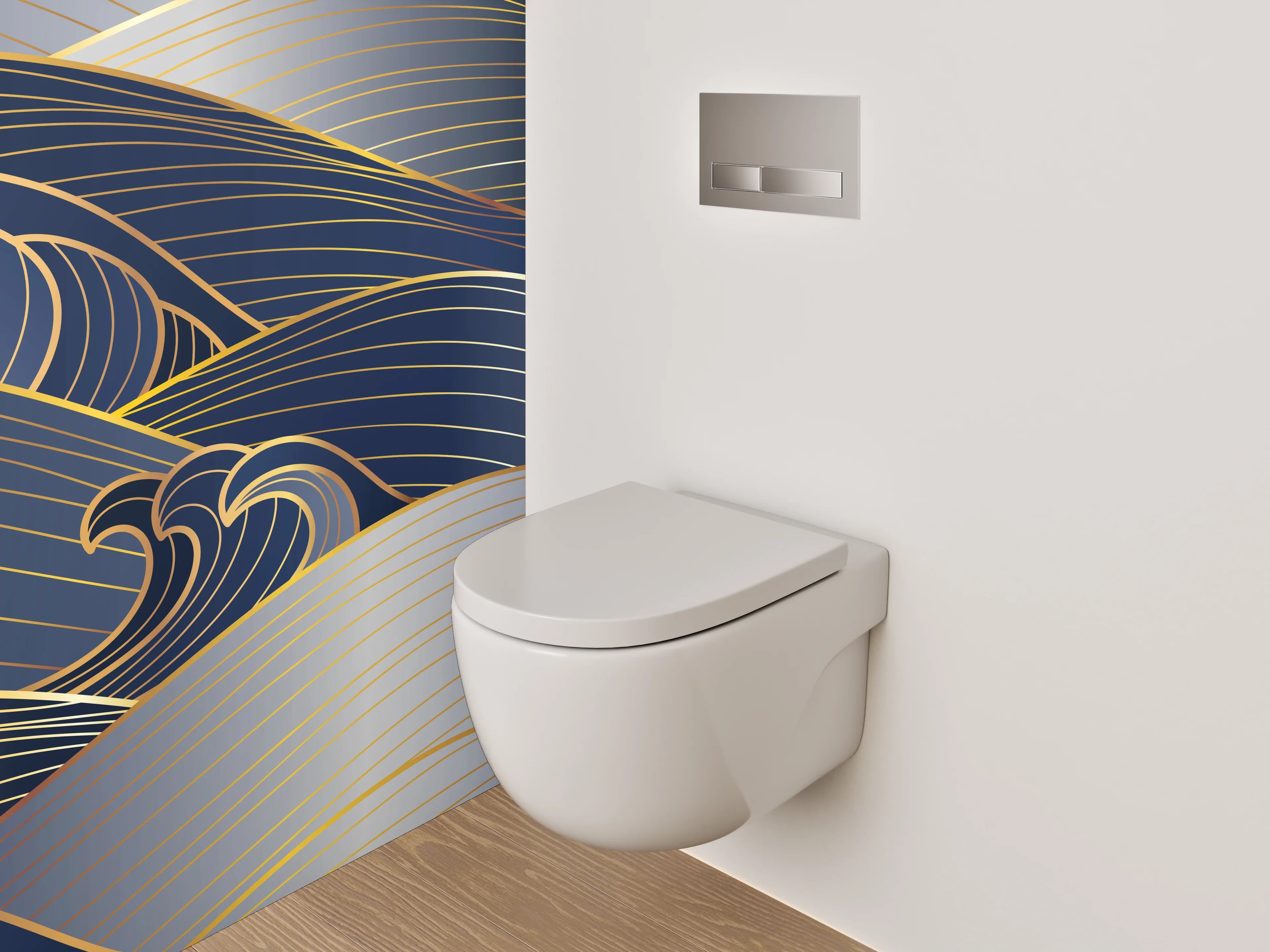 WC-Rückwand - Japanische Wellen Gold Blau Silber