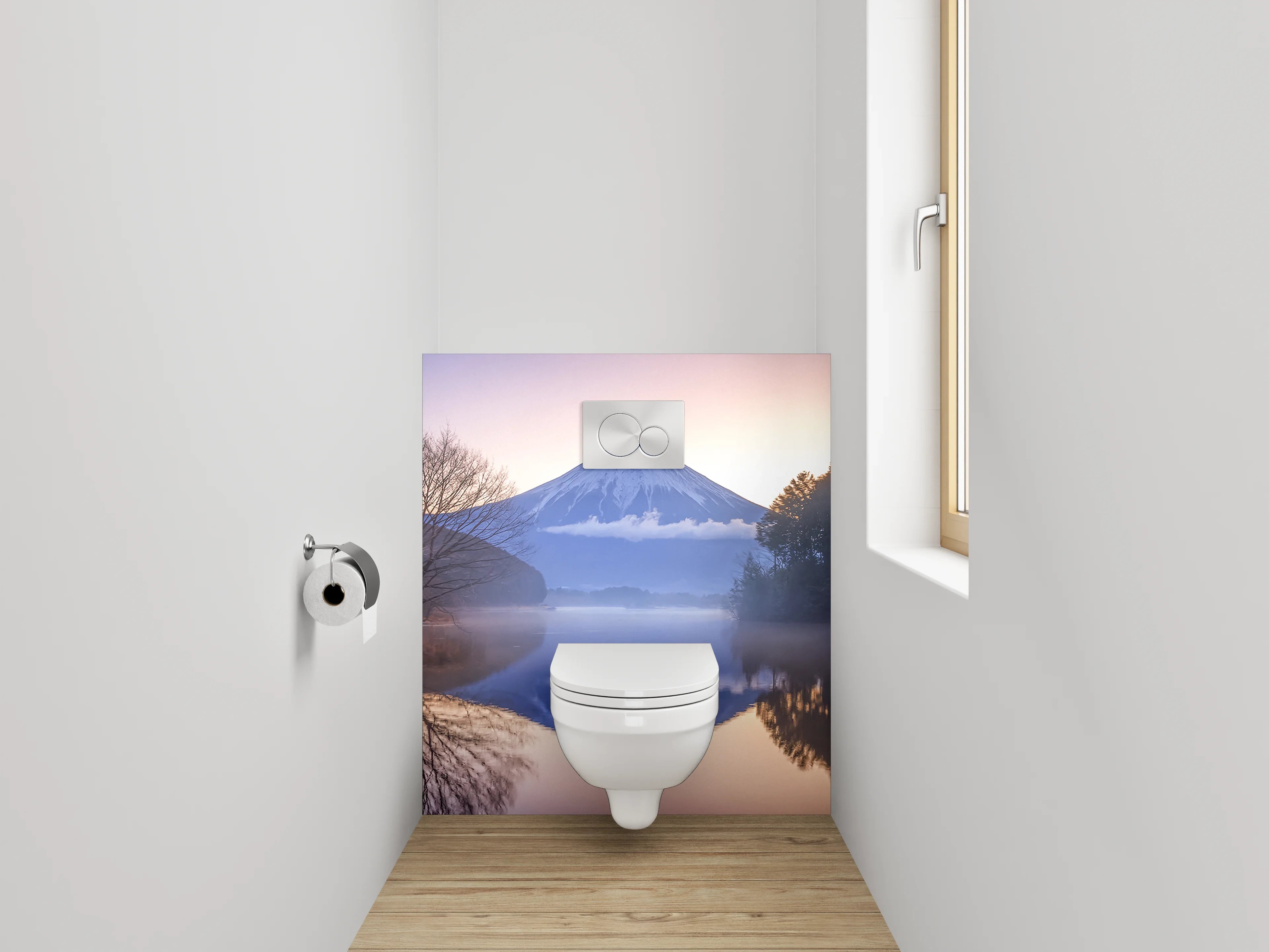 WC-Rückwand - Japanischer Bergsee mit Fuji im Morgennebel