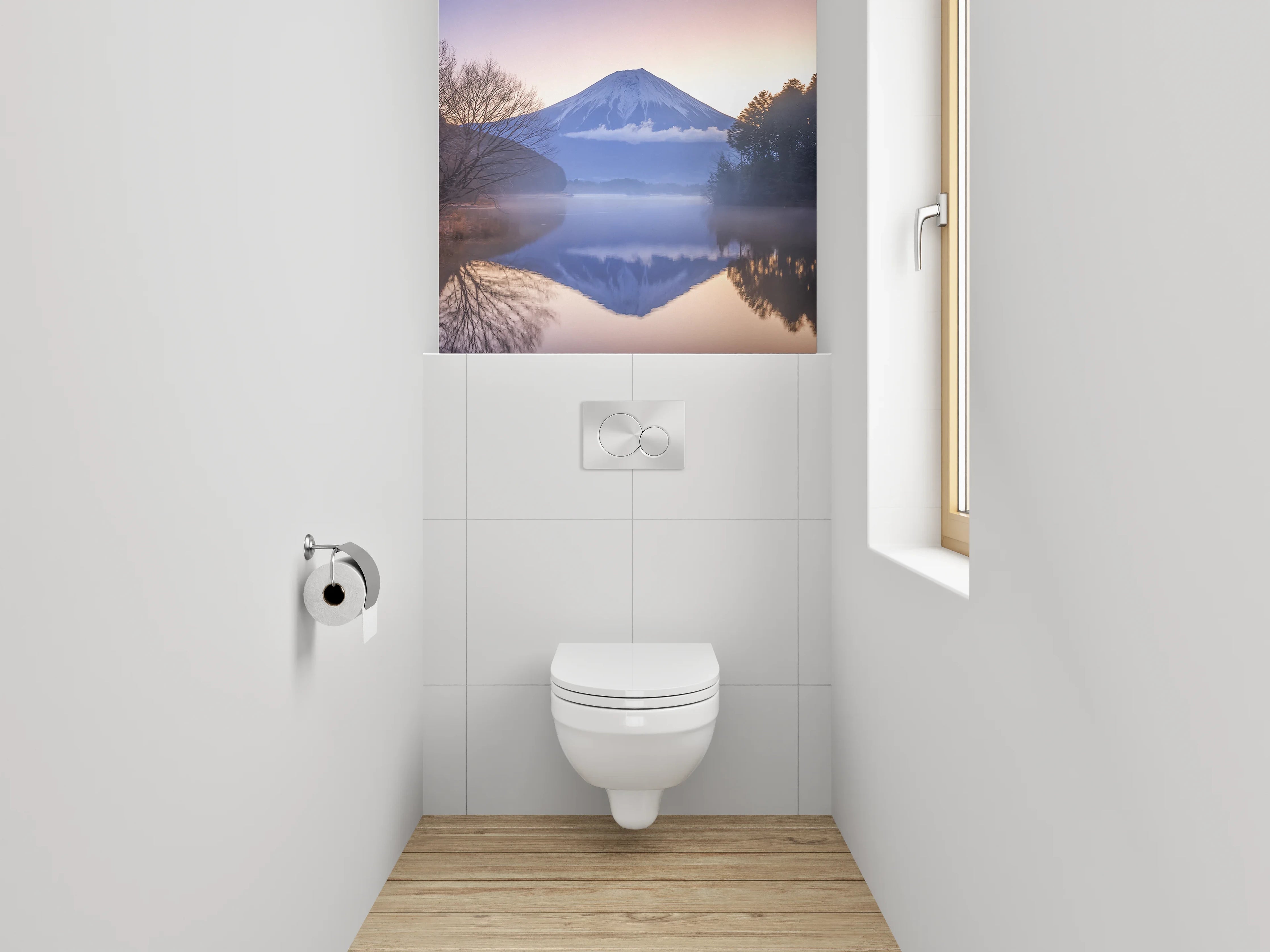 WC-Rückwand - Japanischer Bergsee mit Fuji im Morgennebel