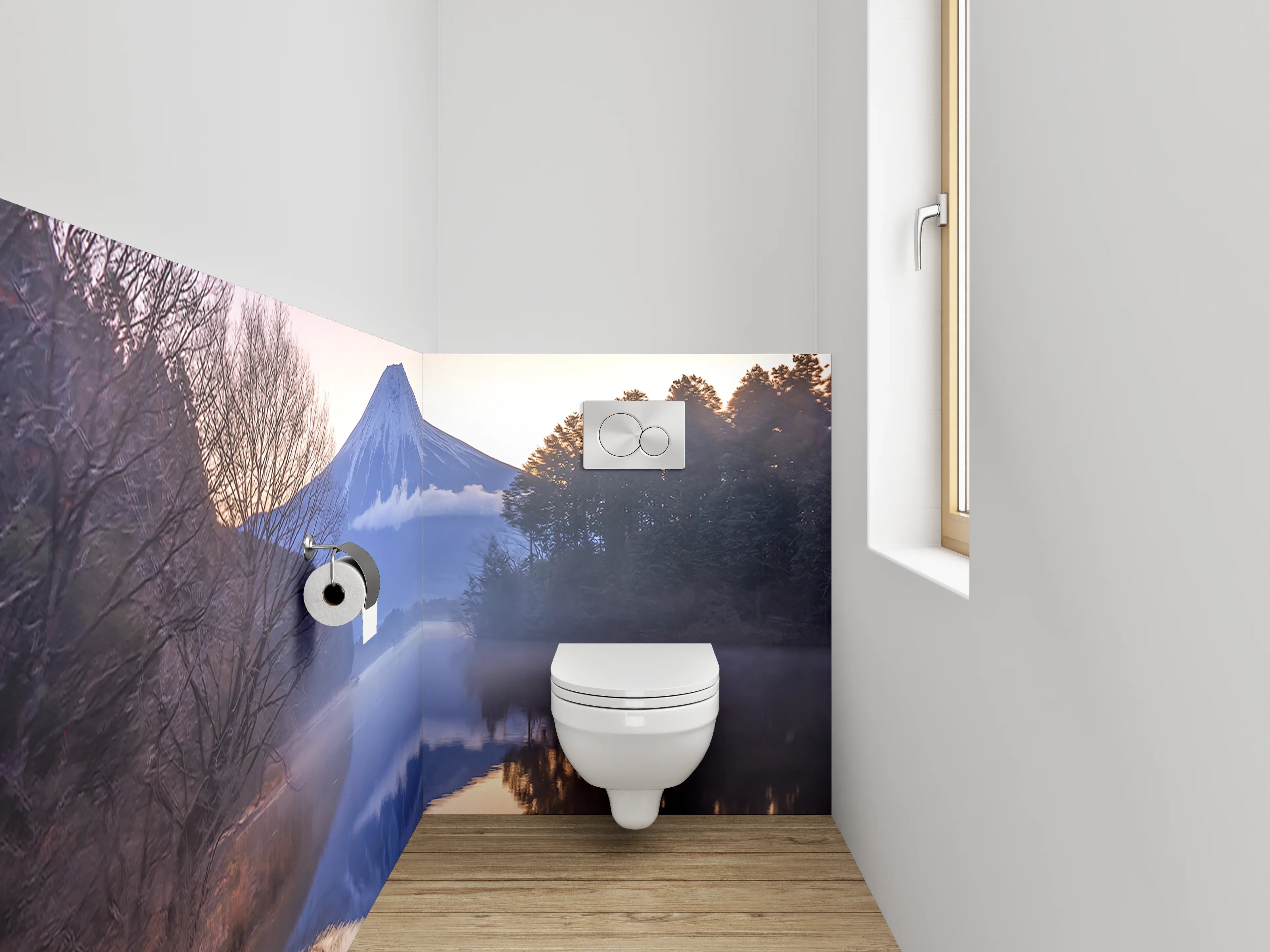 WC-Rückwand - Japanischer Bergsee mit Fuji im Morgennebel