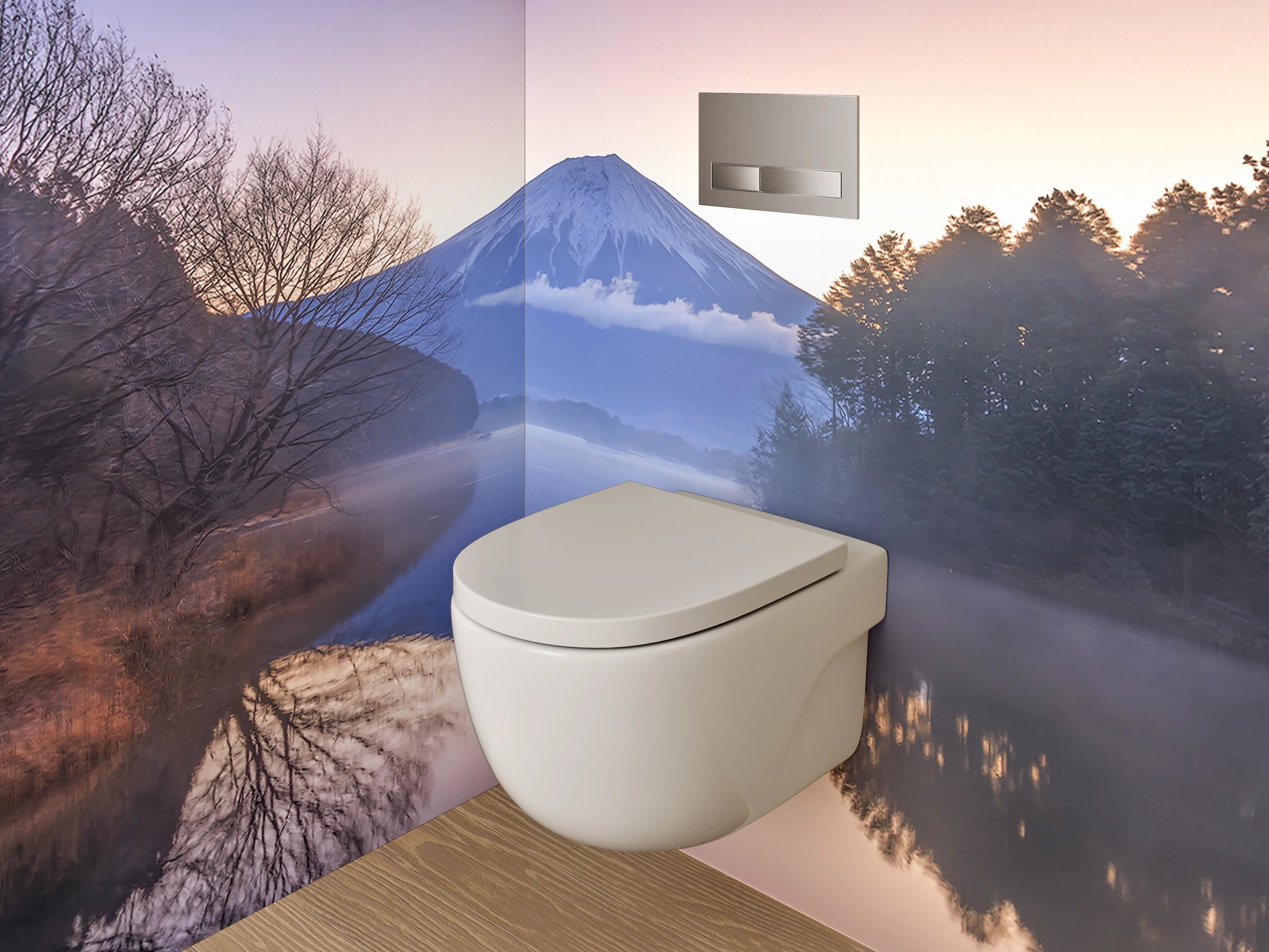 WC-Rückwand - Japanischer Bergsee mit Fuji im Morgennebel