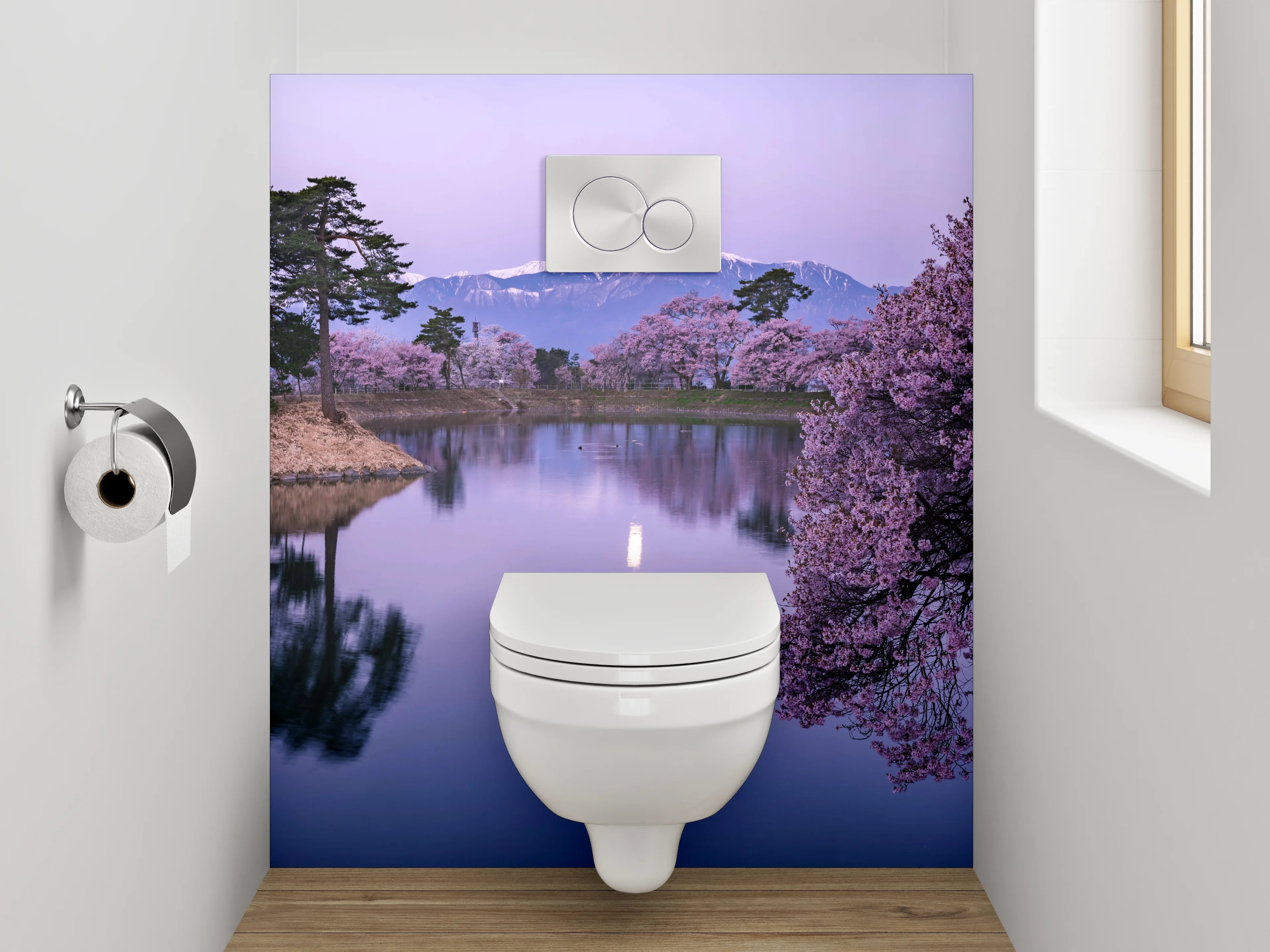 WC-Rückwand - Japanischer Frühlingssee mit Kirschblüte
