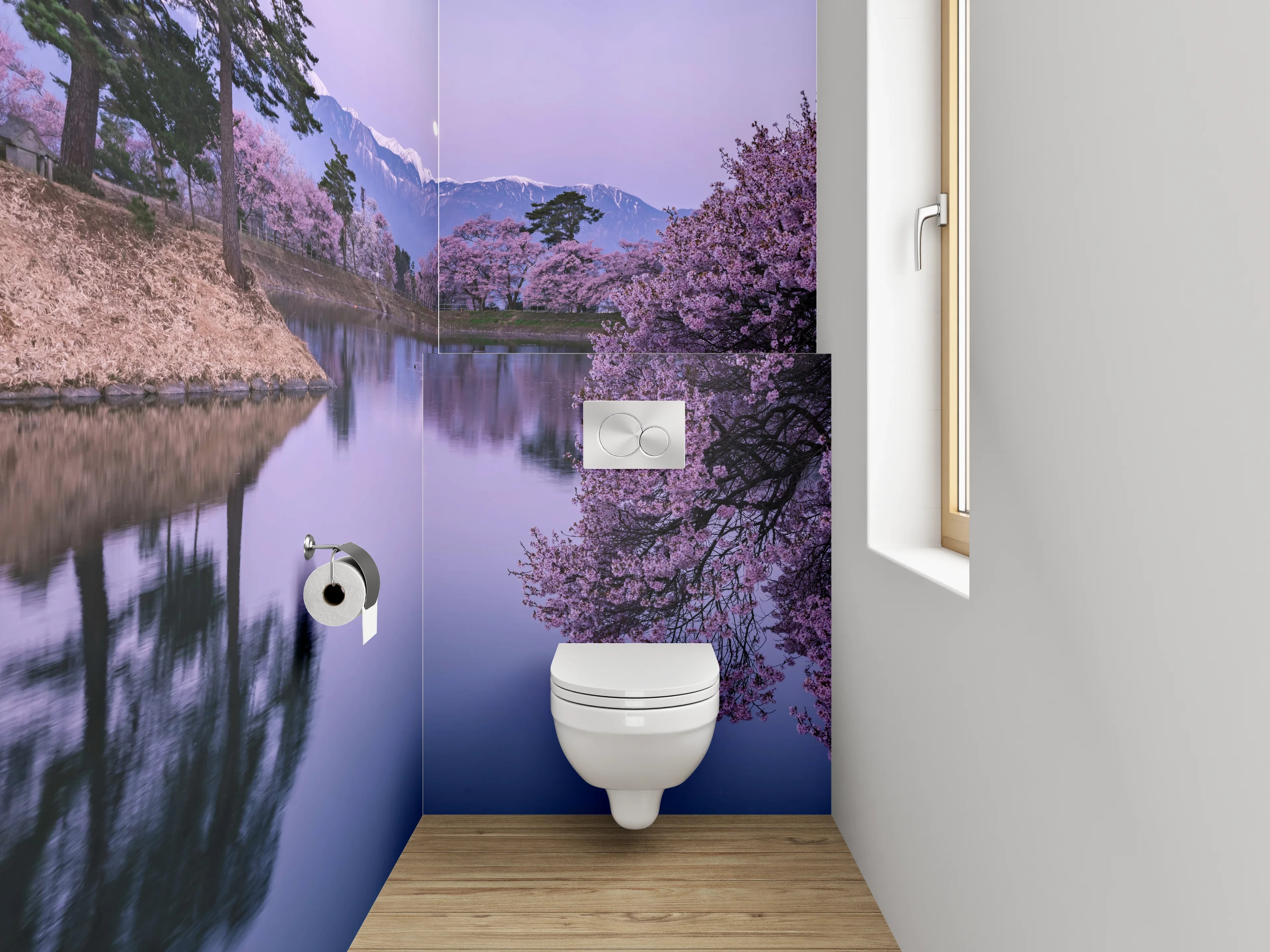 WC-Rückwand - Japanischer Frühlingssee mit Kirschblüte