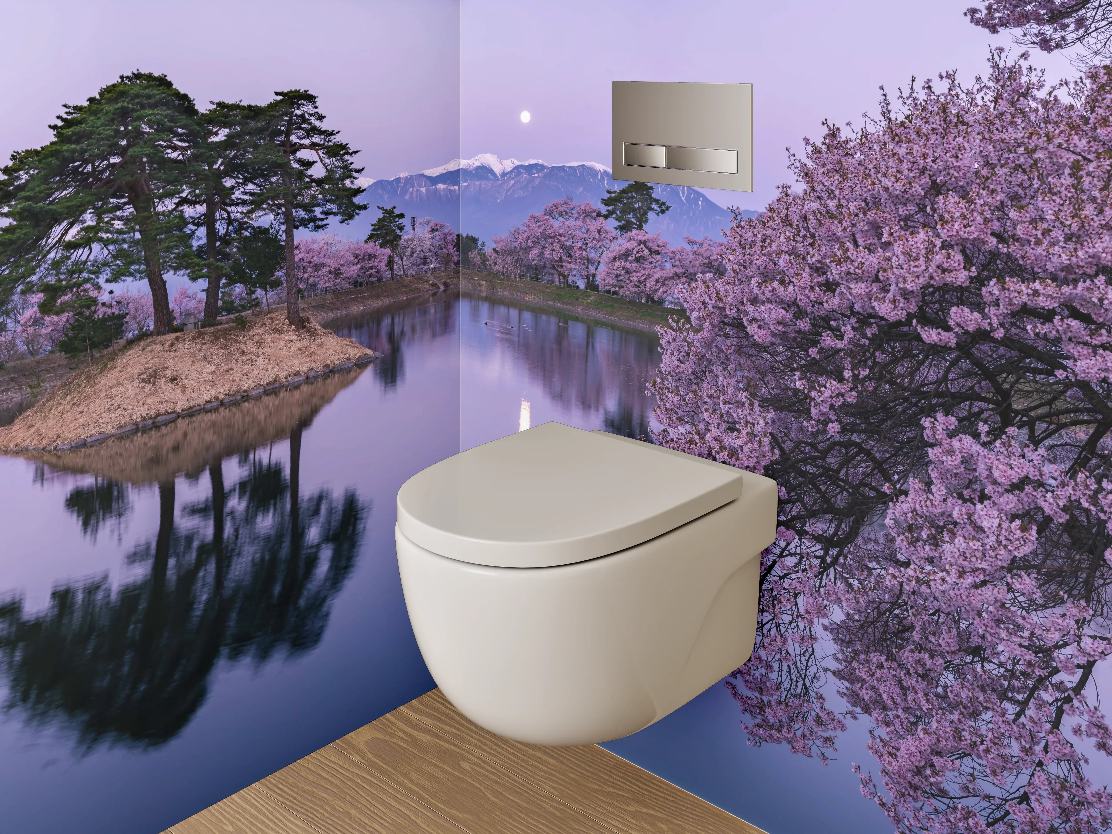 WC-Rückwand - Japanischer Frühlingssee mit Kirschblüte