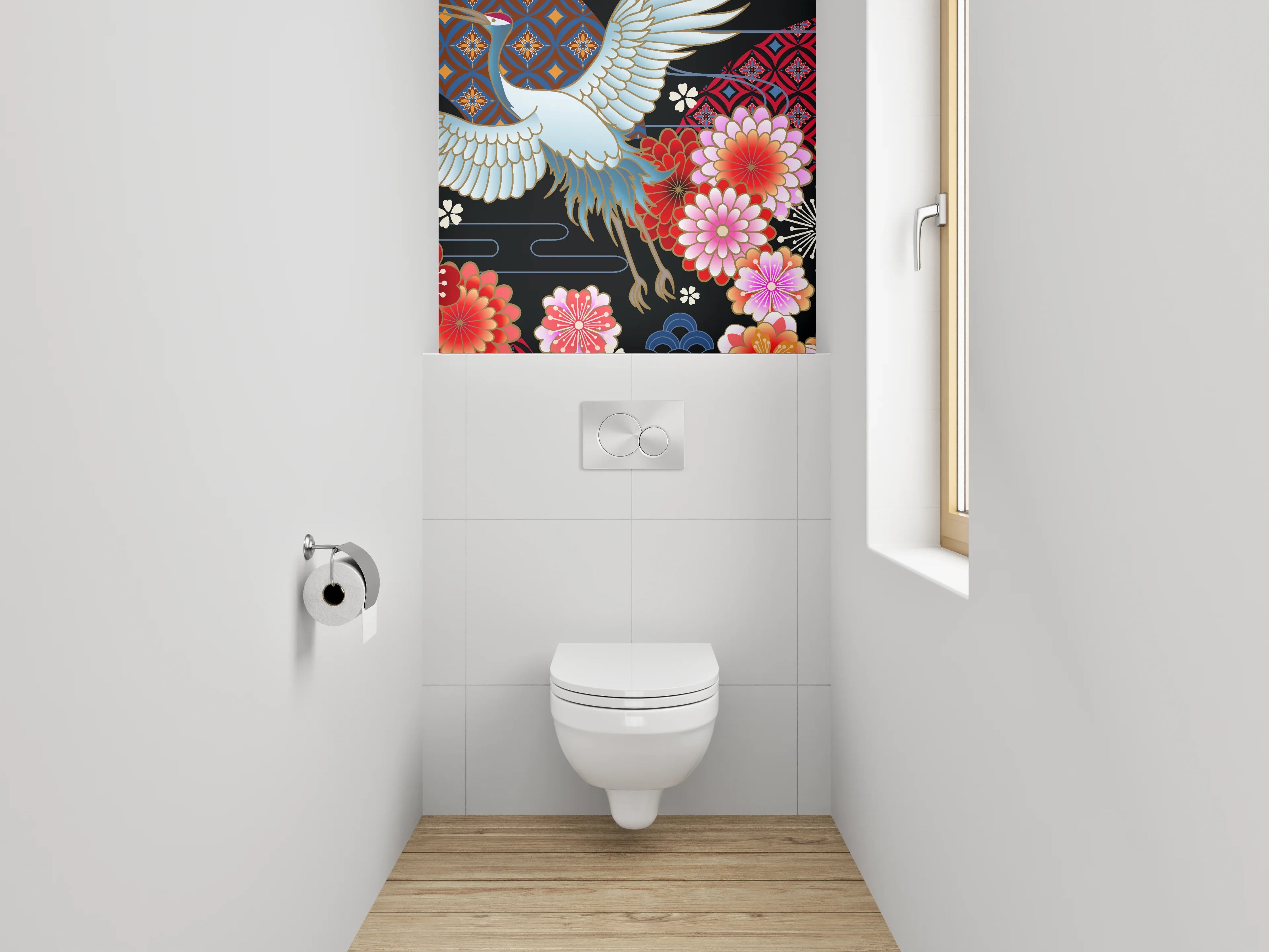 WC-Rückwand - Japanischer Kranich mit Blumenmuster