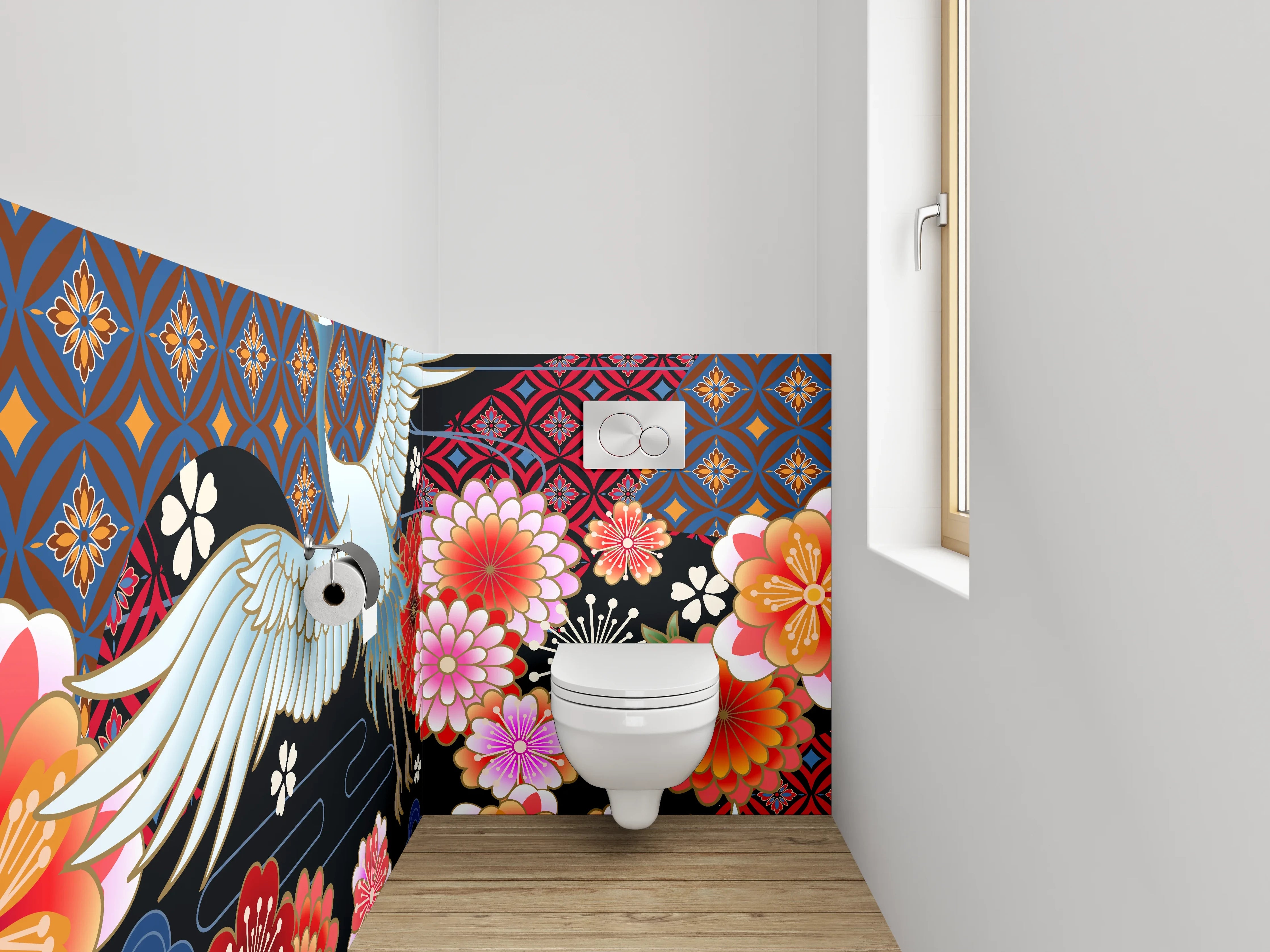 WC-Rückwand - Japanischer Kranich mit Blumenmuster