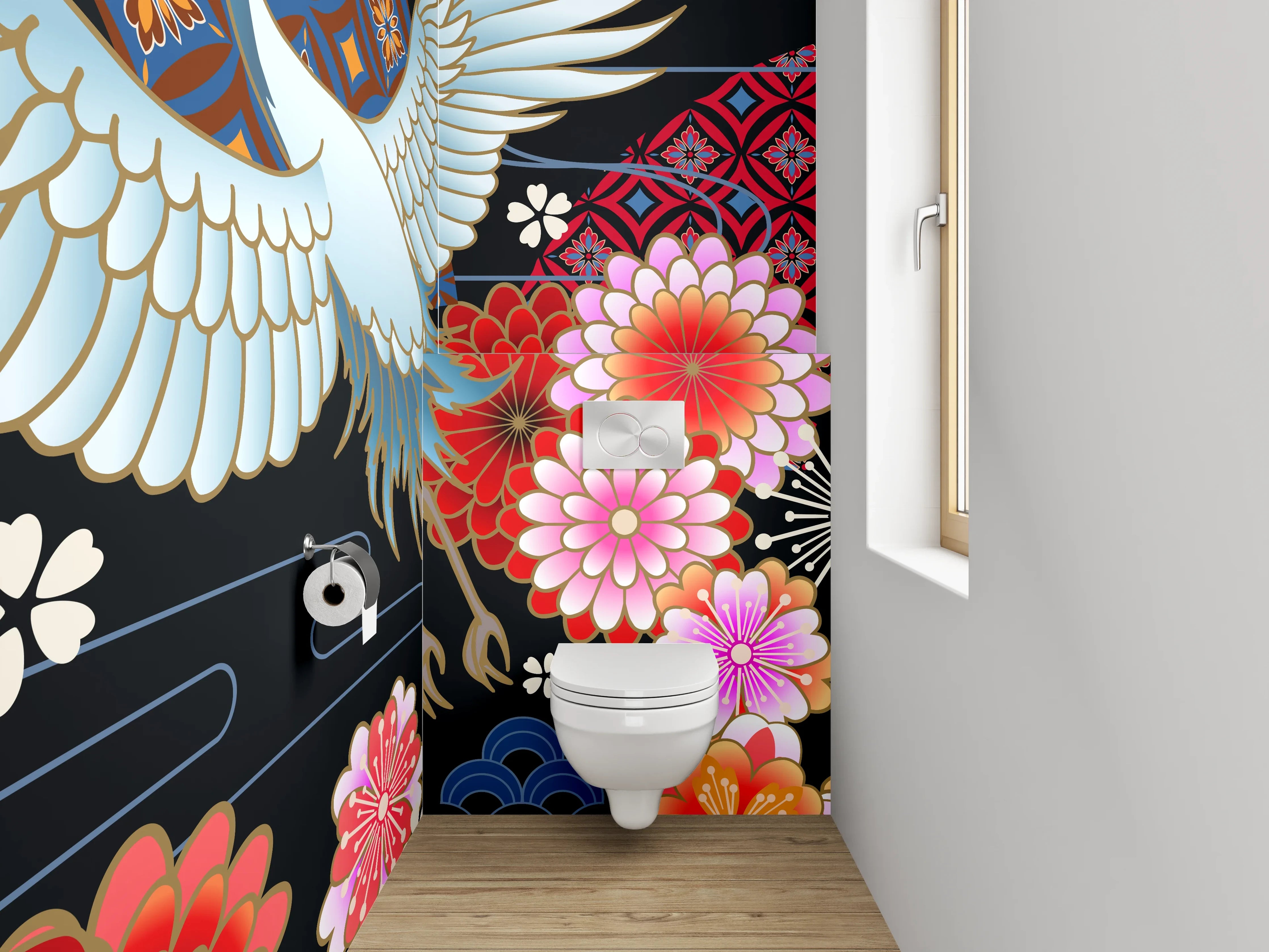 WC-Rückwand - Japanischer Kranich mit Blumenmuster