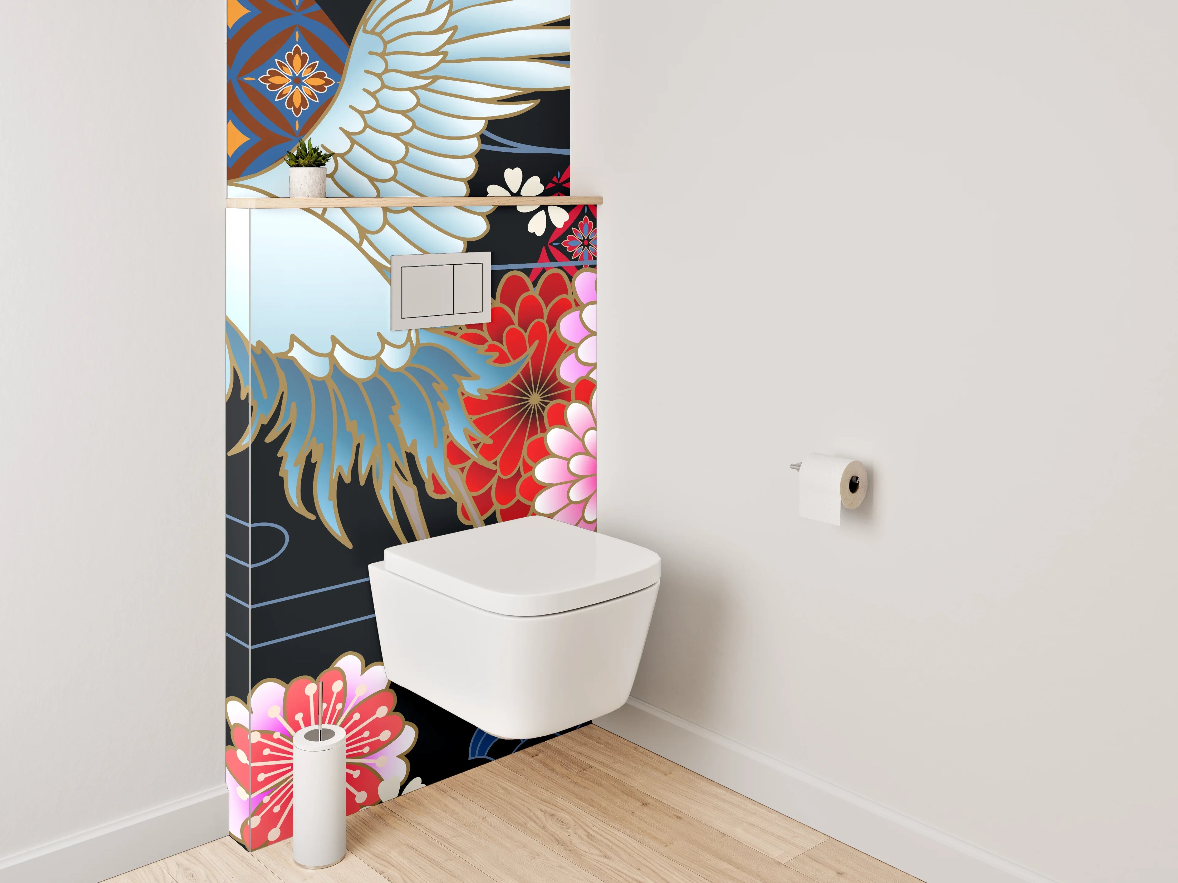 WC-Rückwand - Japanischer Kranich mit Blumenmuster