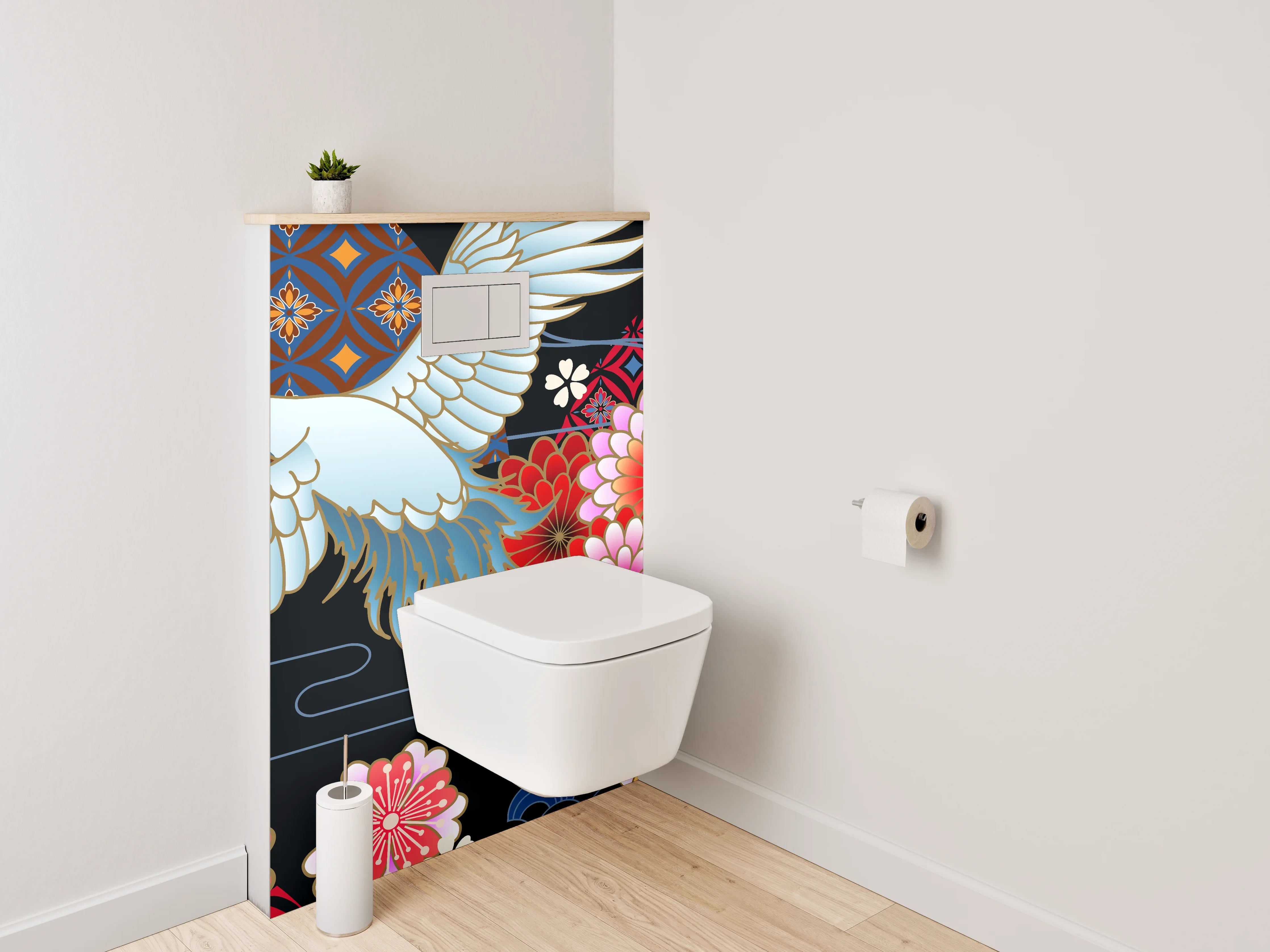WC-Rückwand - Japanischer Kranich mit Blumenmuster