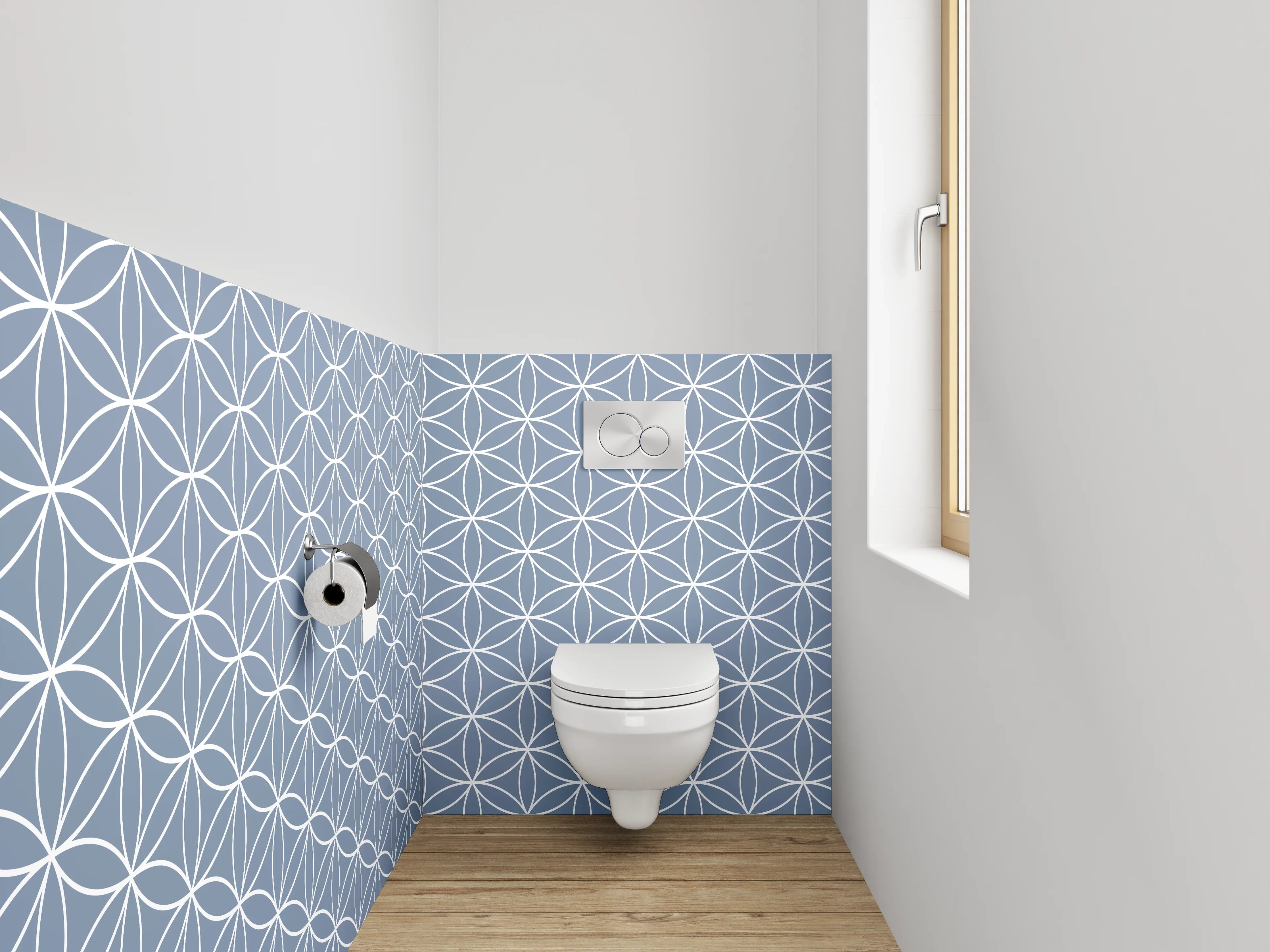 WC-Rückwand - Japanisches Blütenmuster in Blau-Weiß