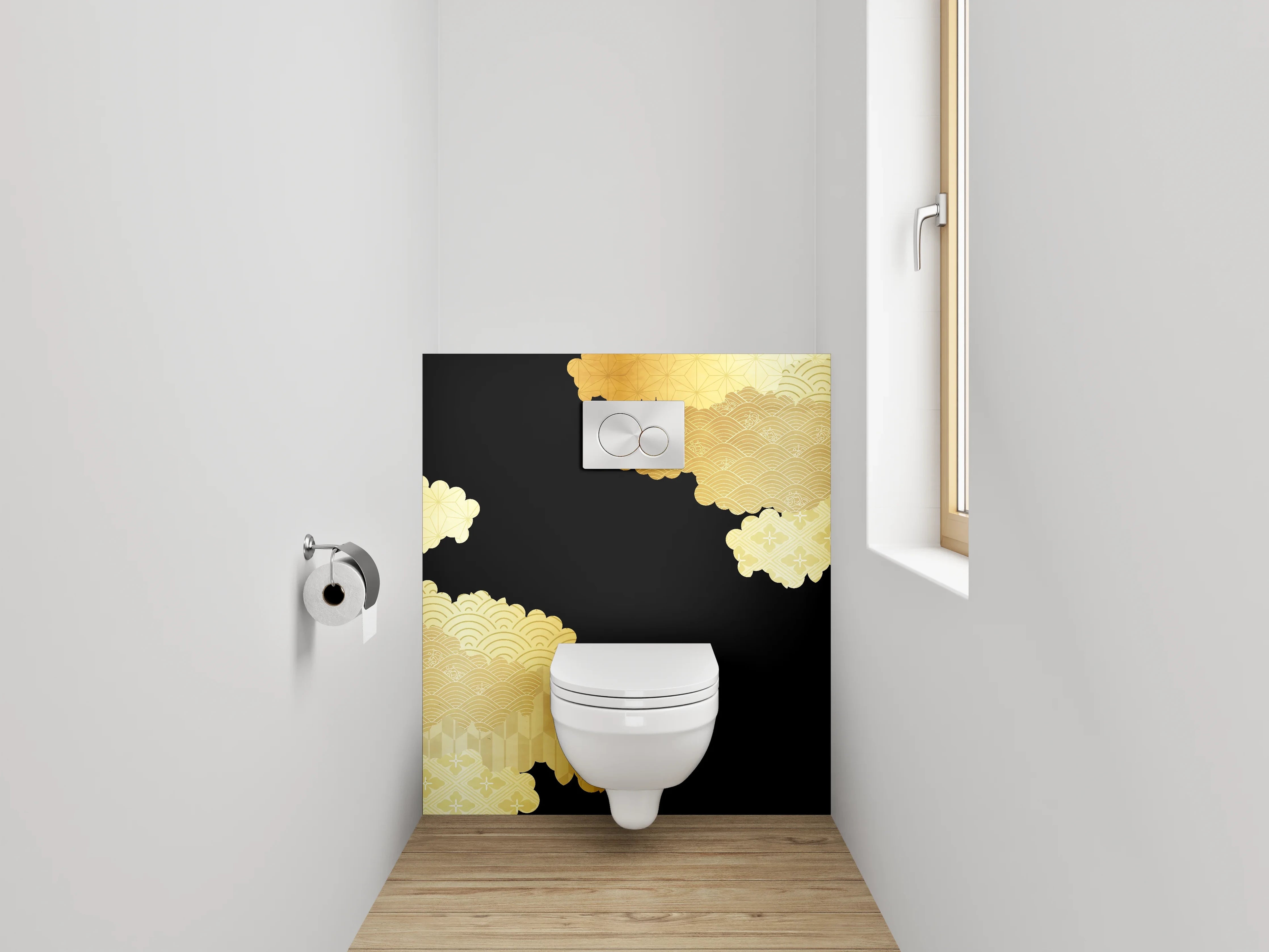 WC-Rückwand - Japanisches Goldmuster auf Schwarz