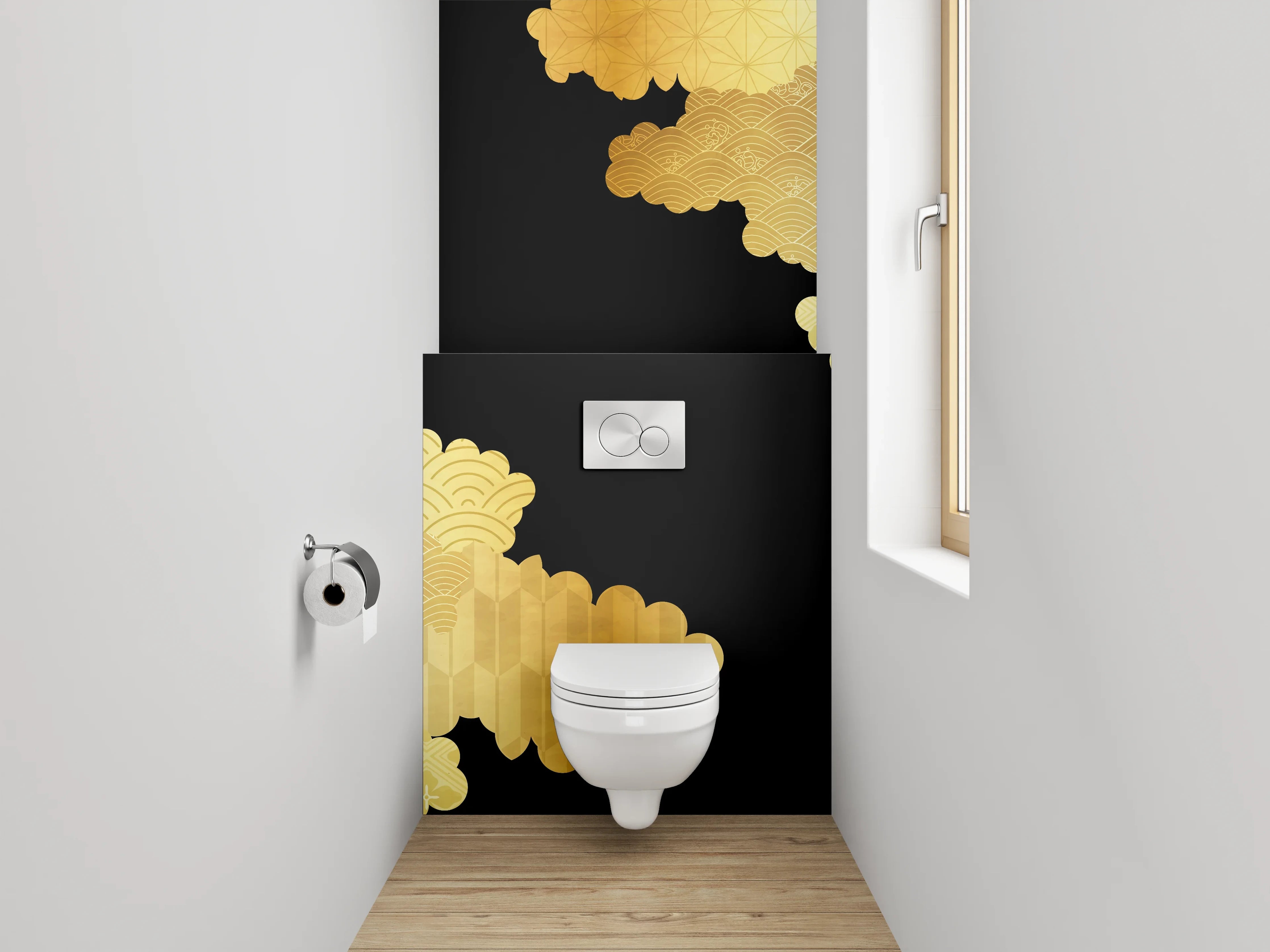 WC-Rückwand - Japanisches Goldmuster auf Schwarz