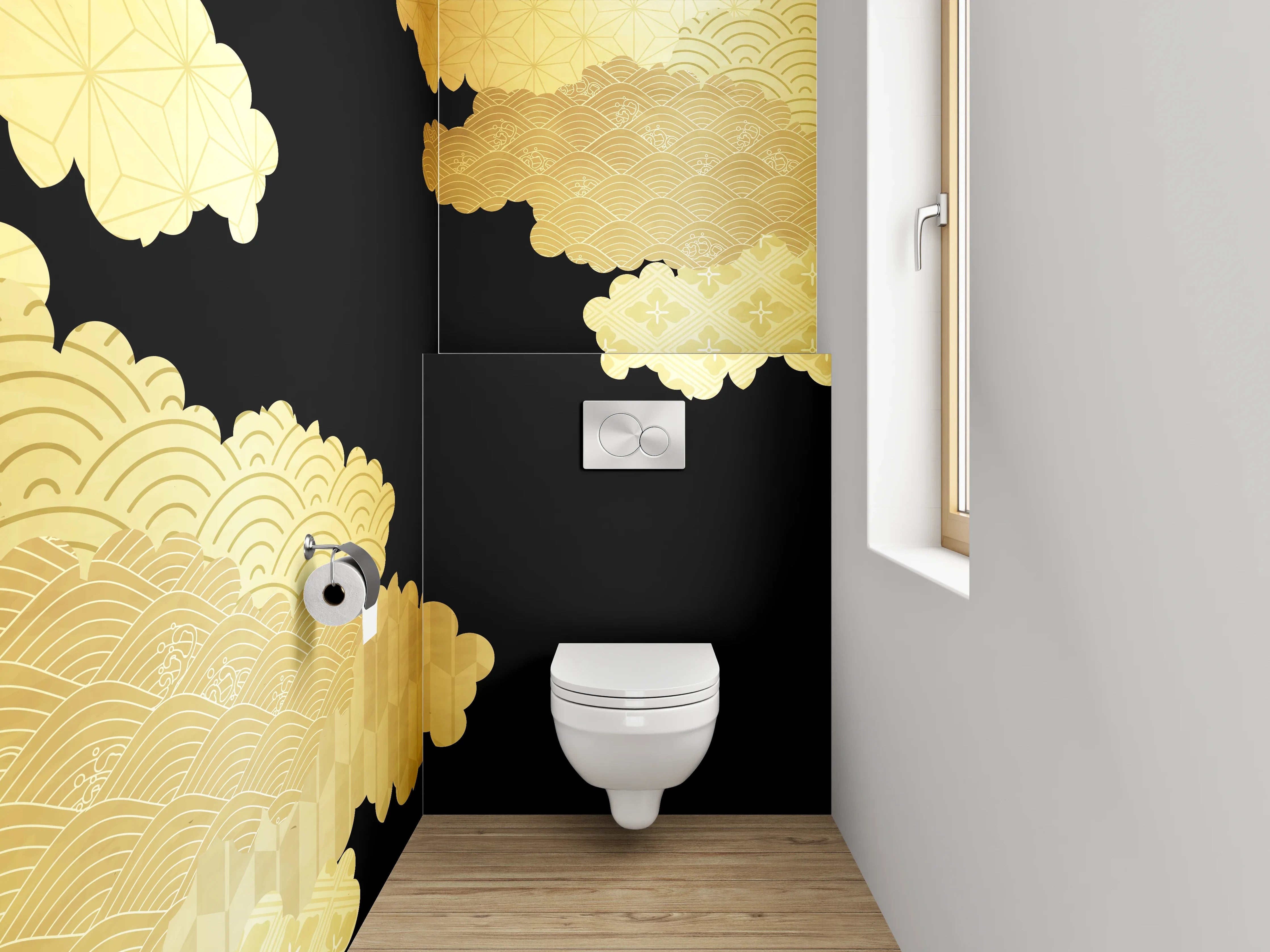 WC-Rückwand - Japanisches Goldmuster auf Schwarz