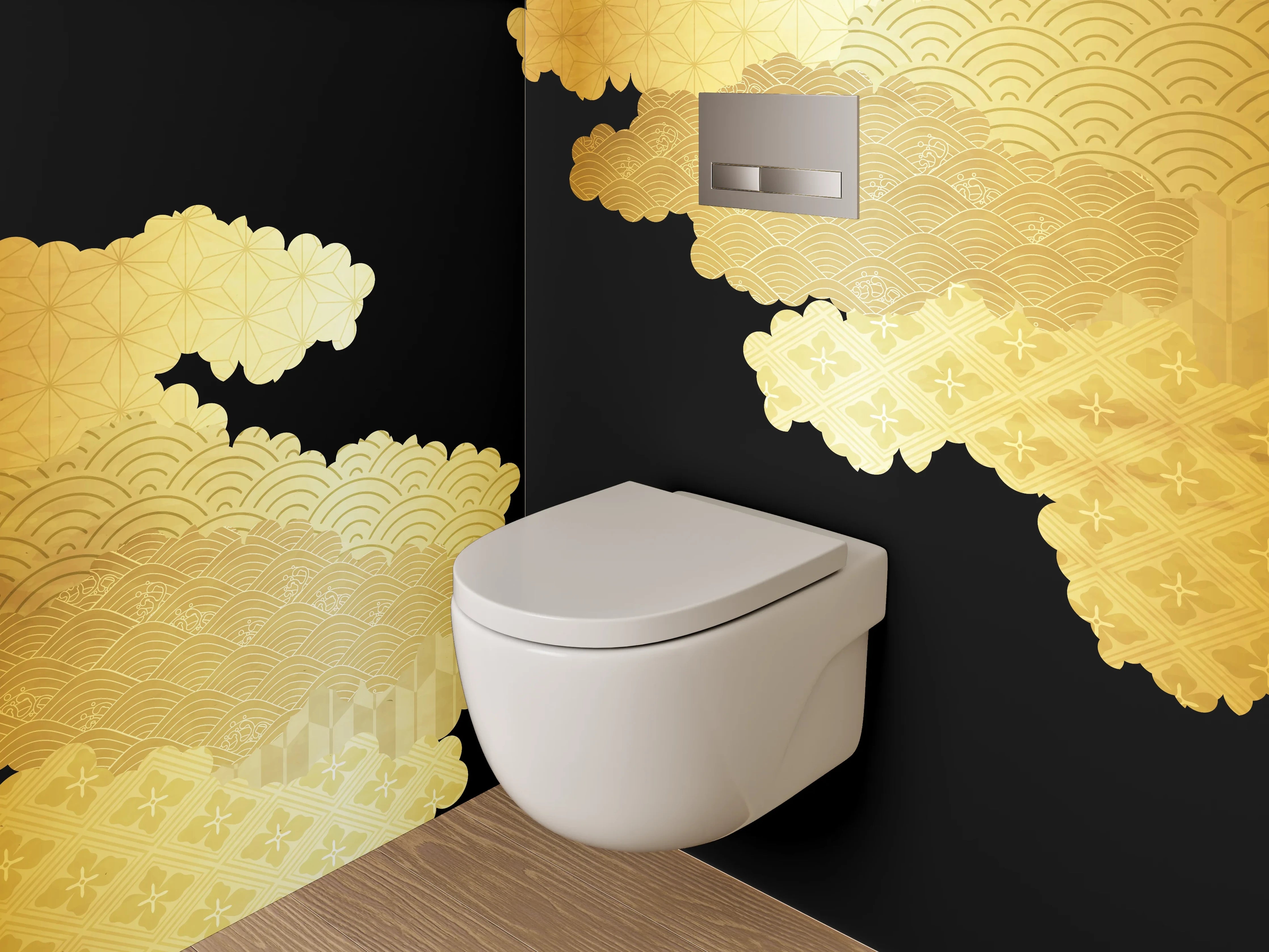 WC-Rückwand - Japanisches Goldmuster auf Schwarz