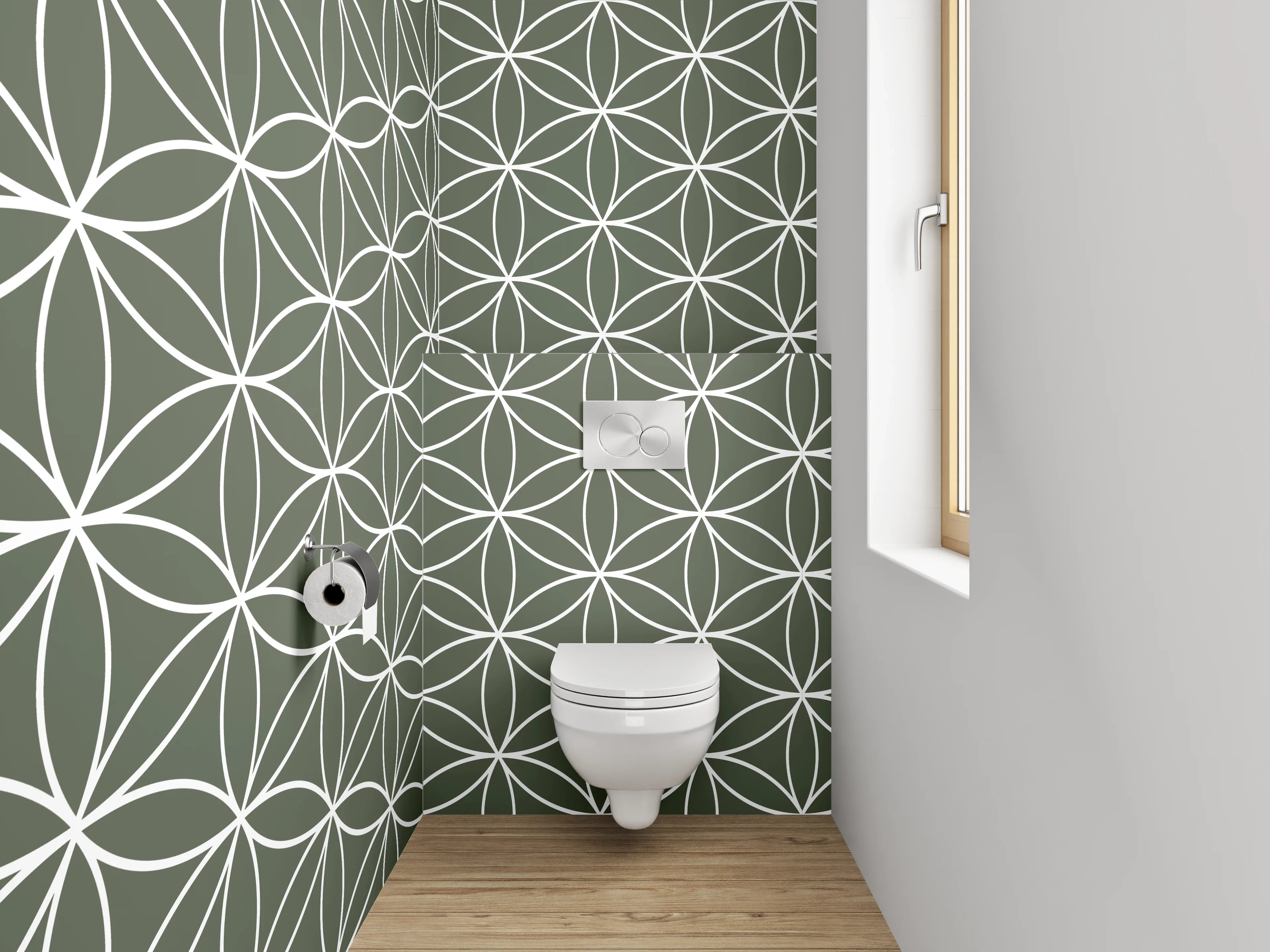 WC-Rückwand - Japanisches Seigaiha Muster Olivgrün Weiß