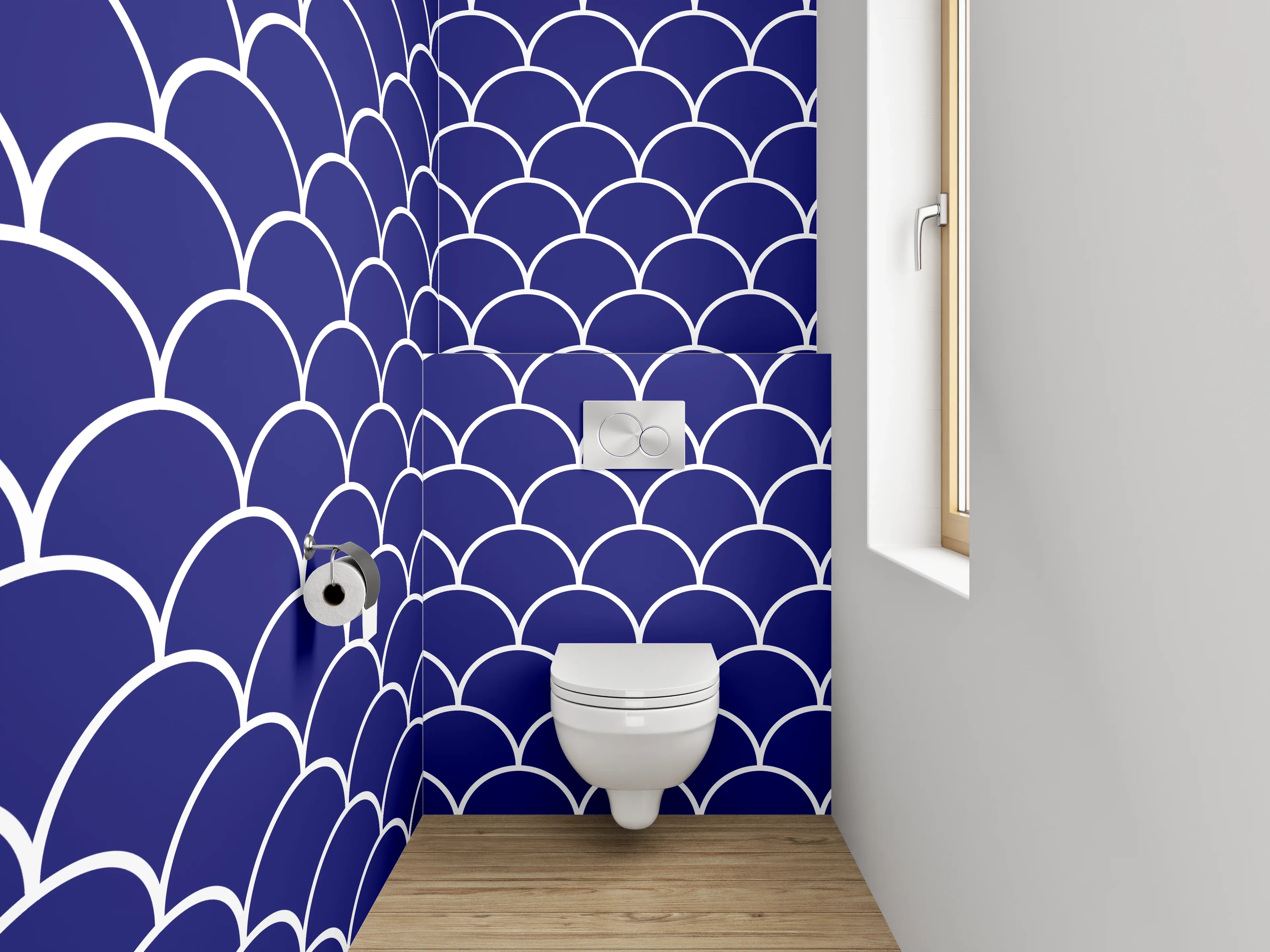 WC-Rückwand - Japanisches Wellenmuster Dunkelblau Weiß