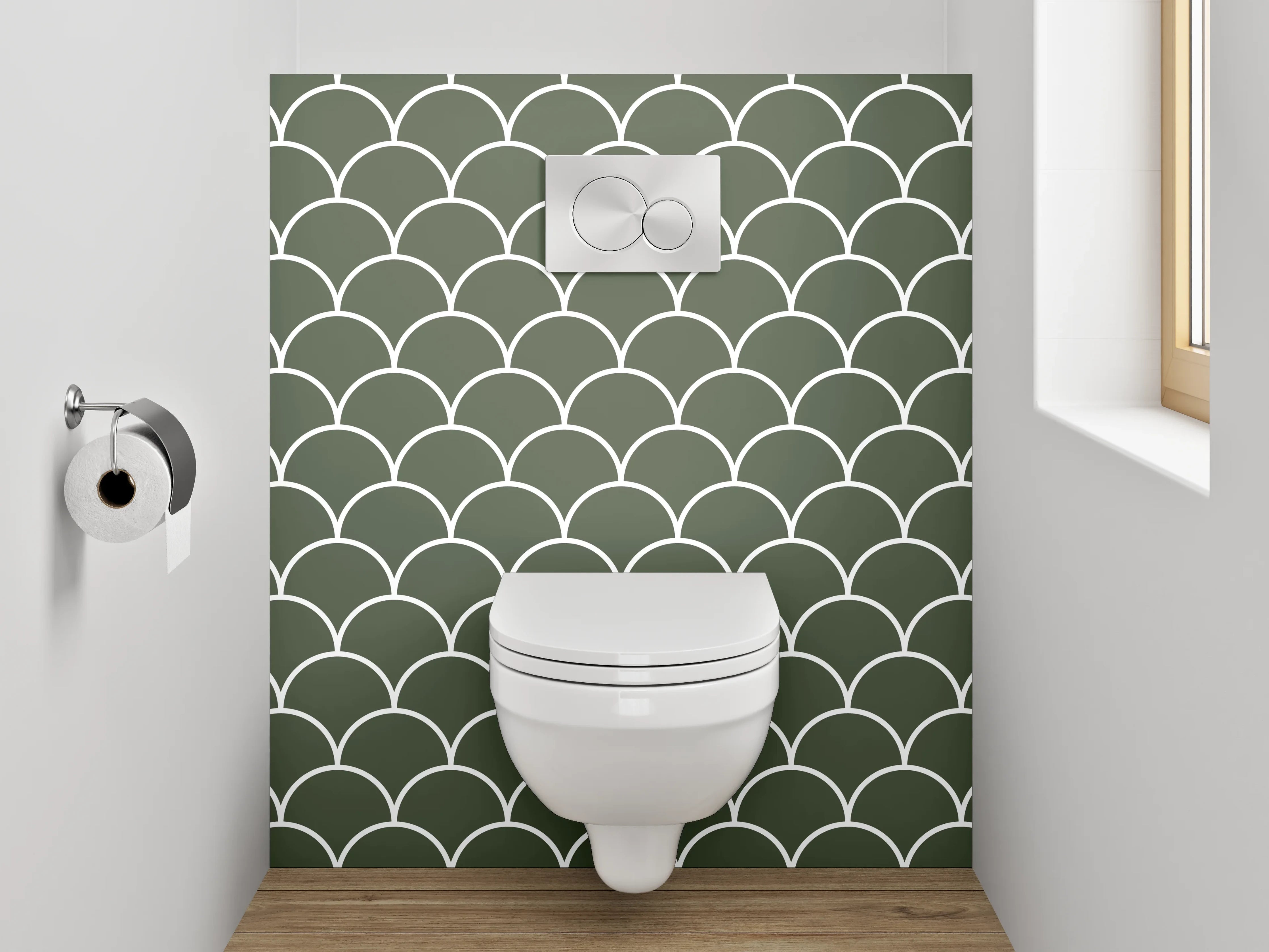 WC-Rückwand - Japanisches Wellenmuster Dunkelgrün Weiß