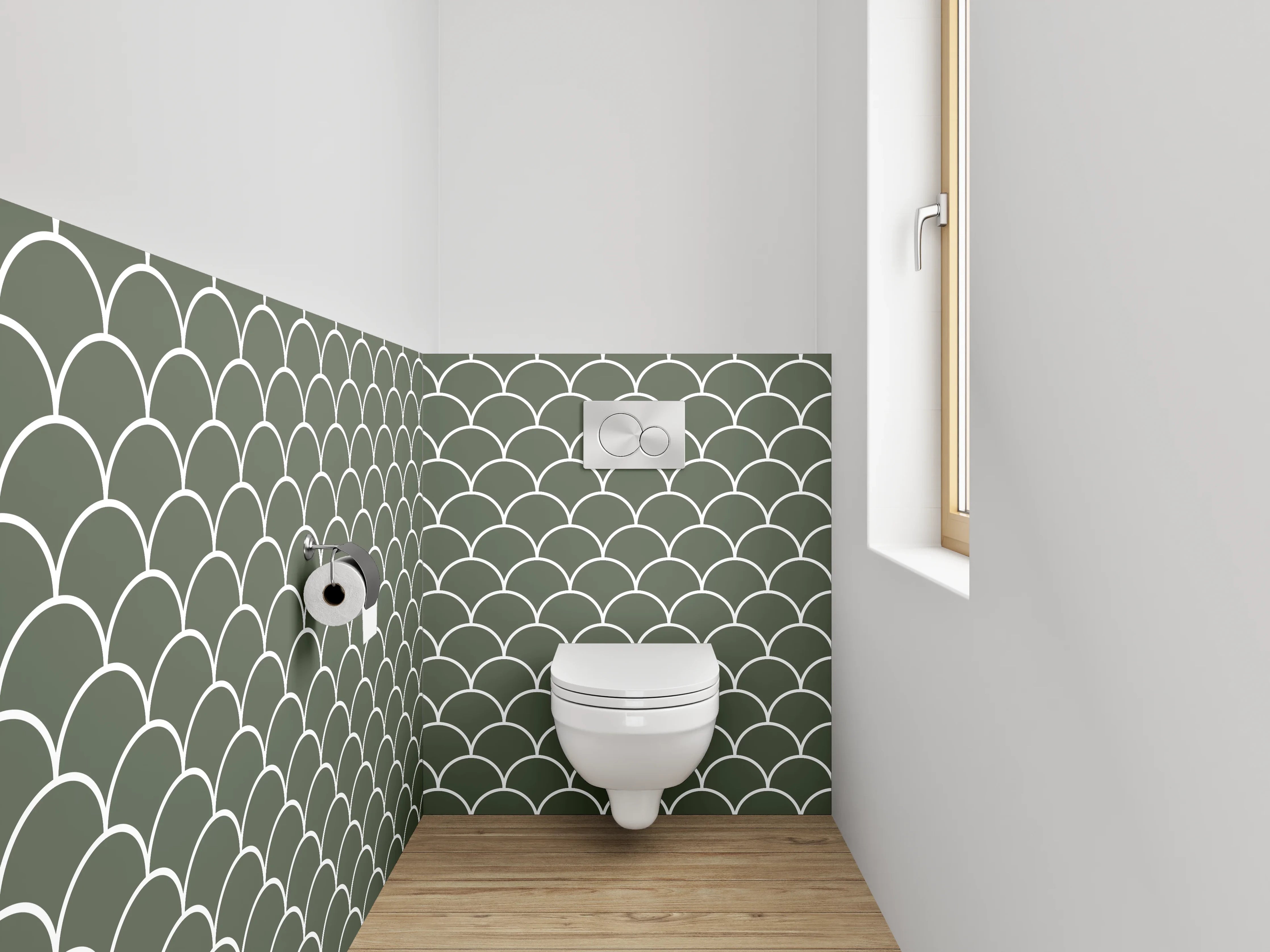 WC-Rückwand - Japanisches Wellenmuster Dunkelgrün Weiß