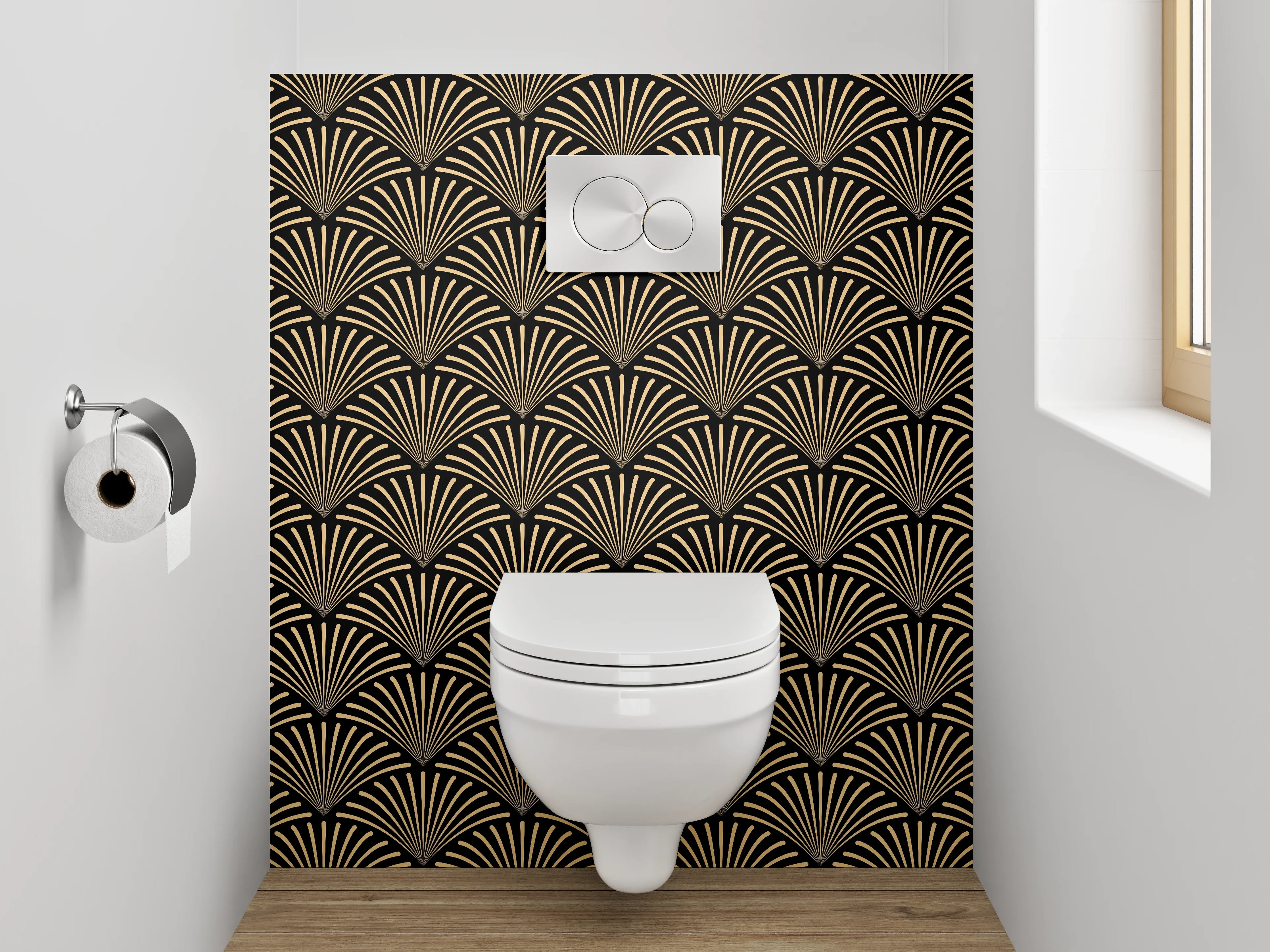 WC-Rückwand - Japanisches Wellenmuster Schwarz Beige