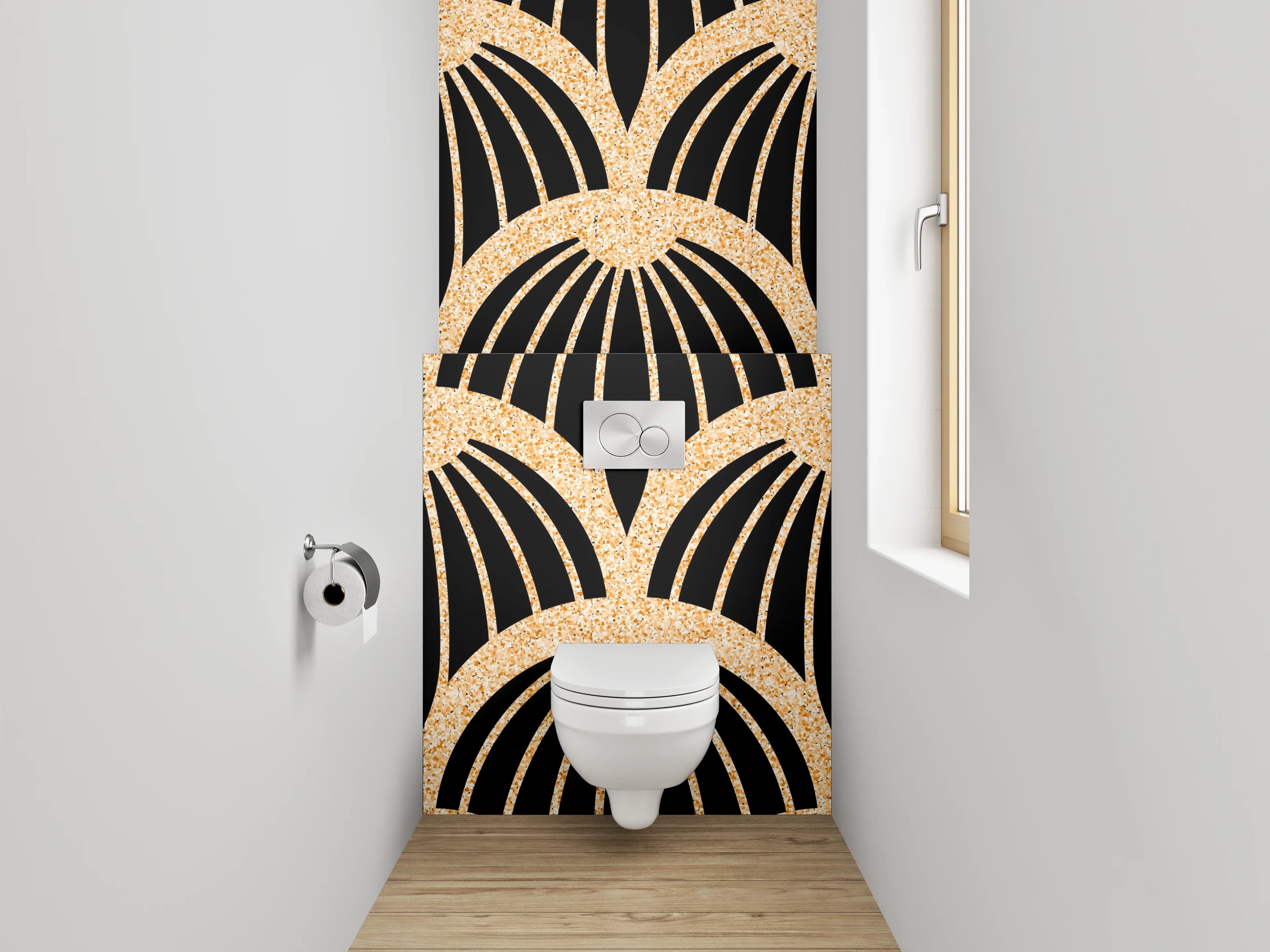 WC-Rückwand - Japanisches Wellenmuster Schwarz Gold
