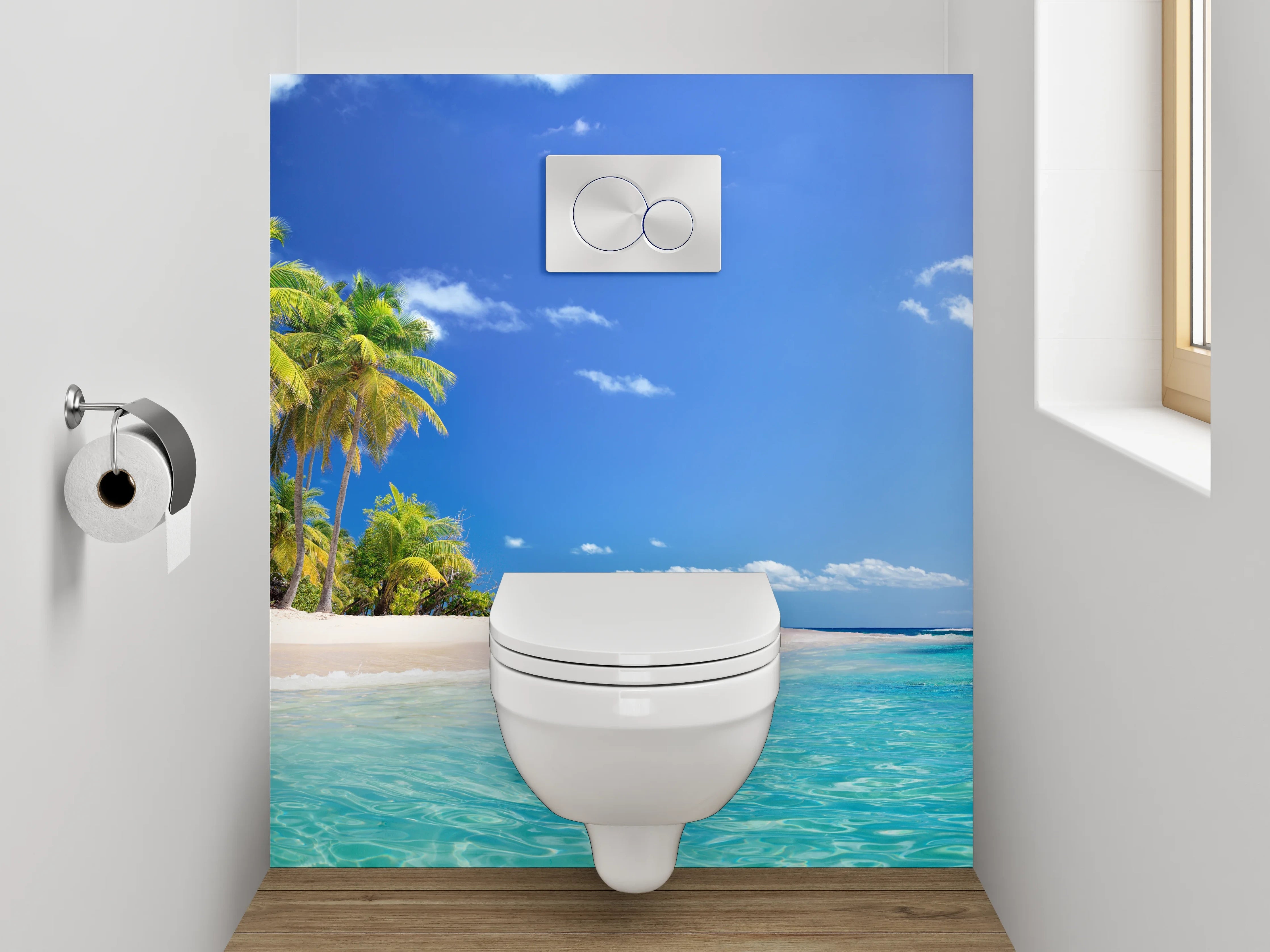 WC-Rückwand - Karibik Strand mit Palmen und Meer