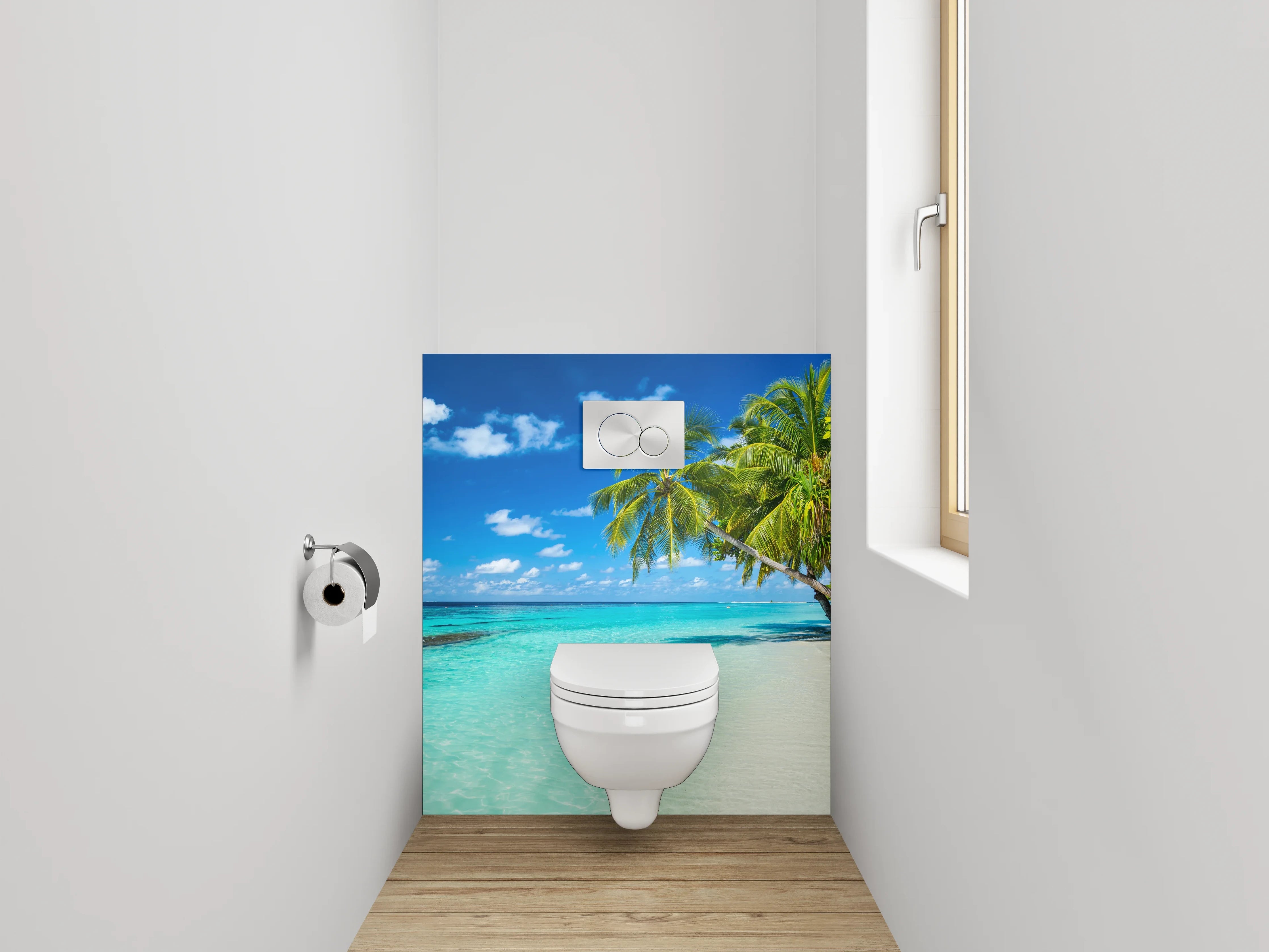 WC-Rückwand - Karibikstrand – Türkises Meer und Palmen
