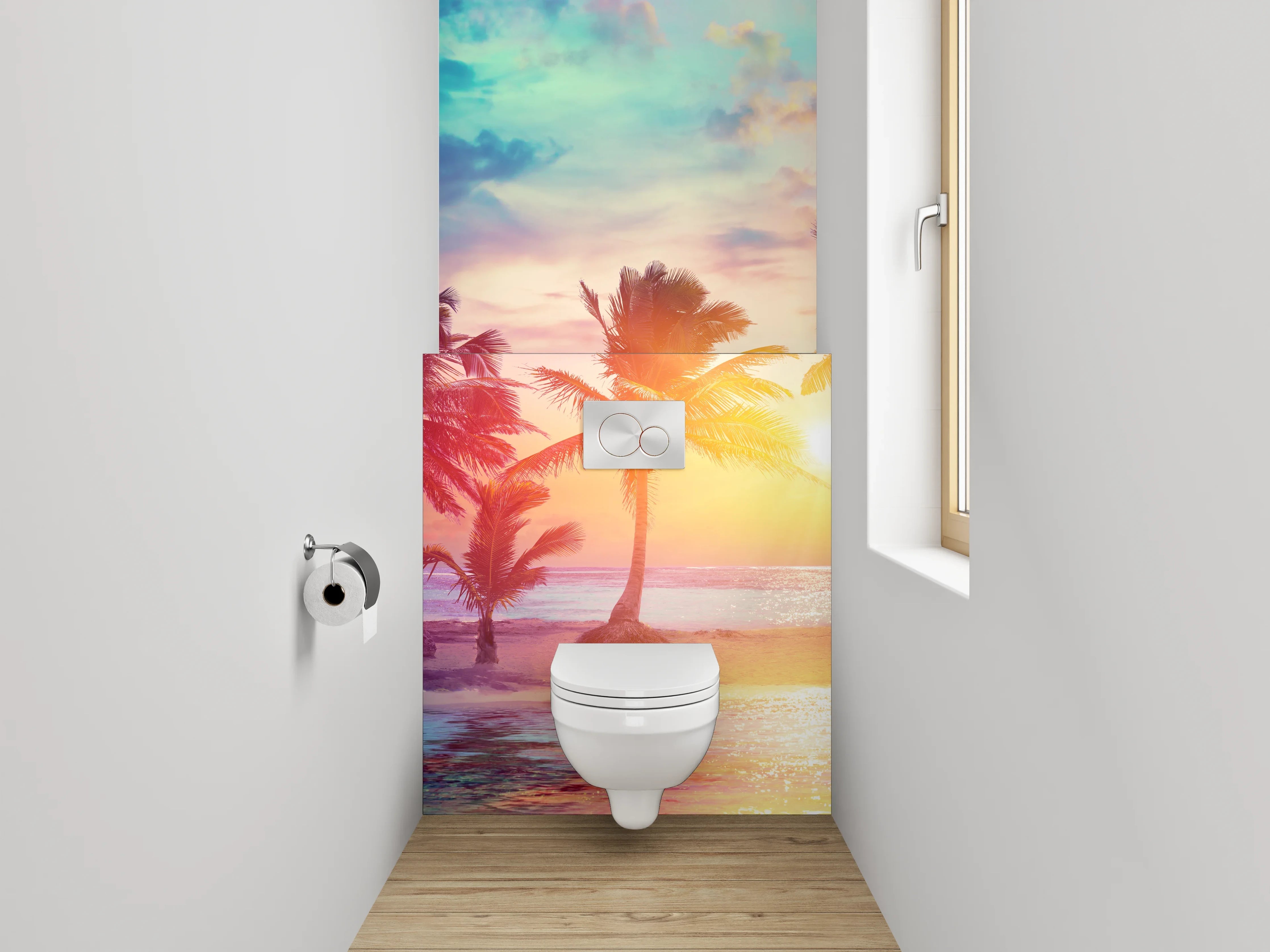 WC-Rückwand - Karibischer Sonnenuntergang mit Palmen