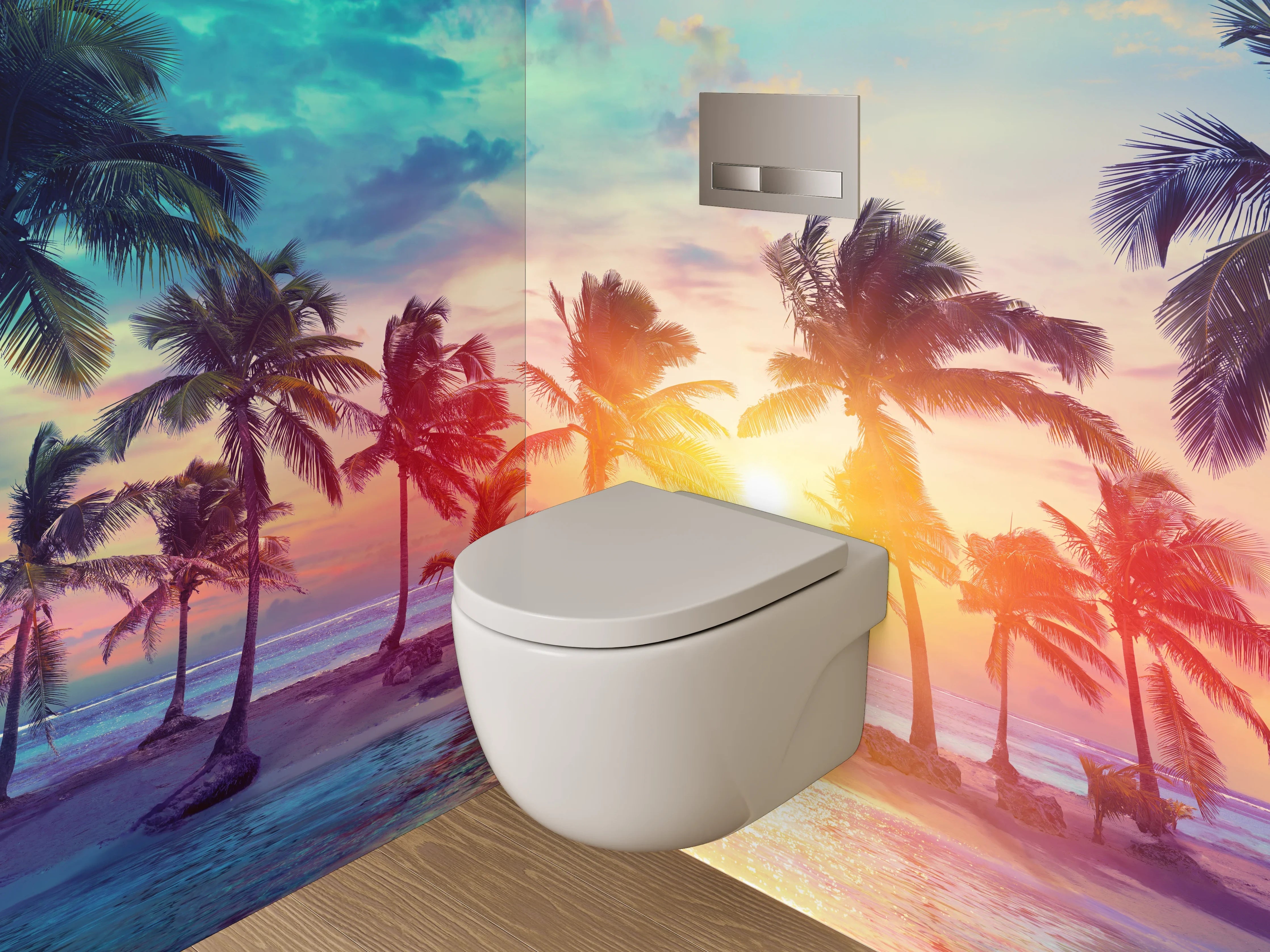 WC-Rückwand - Karibischer Sonnenuntergang mit Palmen