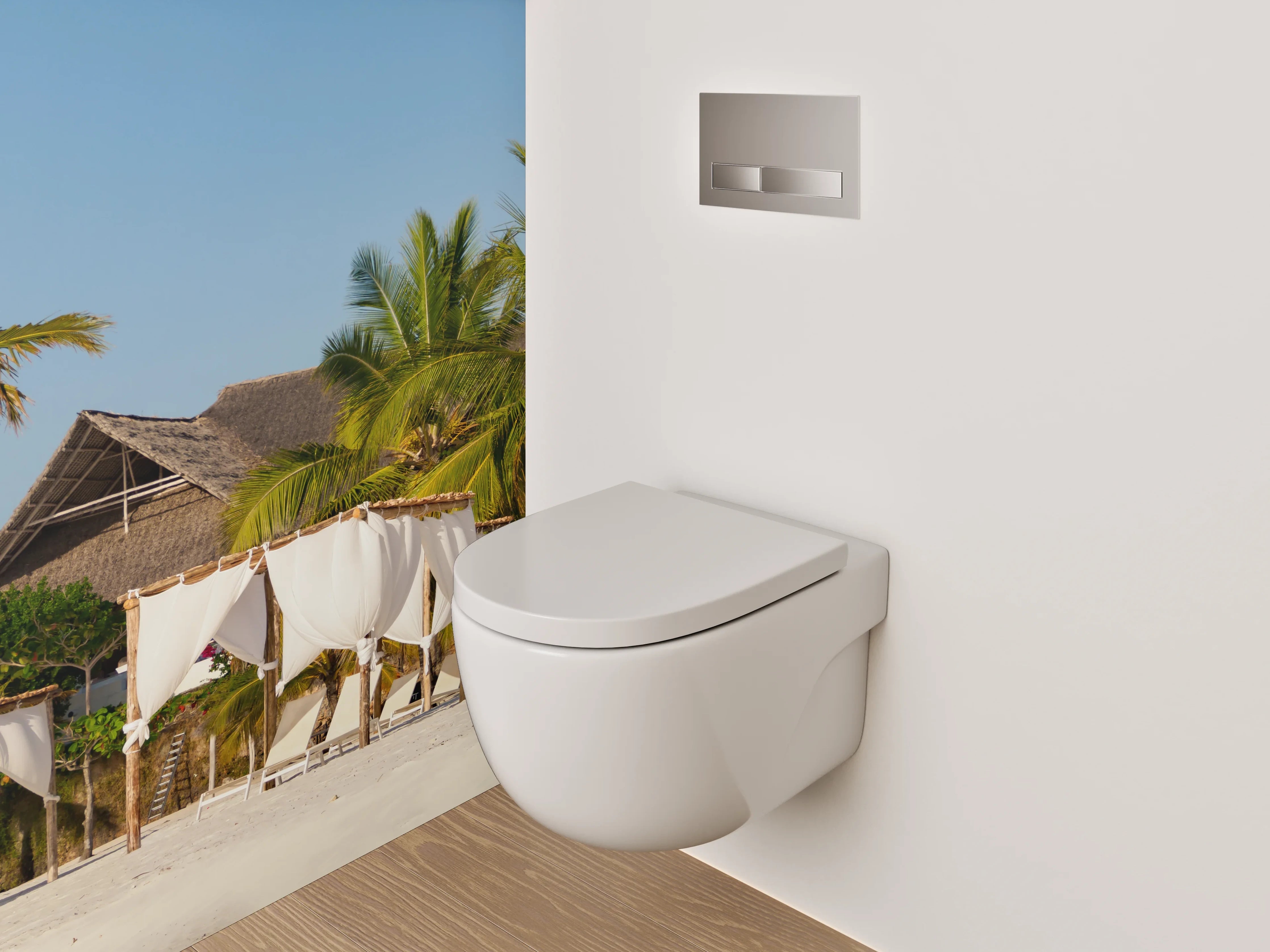 WC-Rückwand - Karibischer Strand – Palmen und Luxus-Lounges