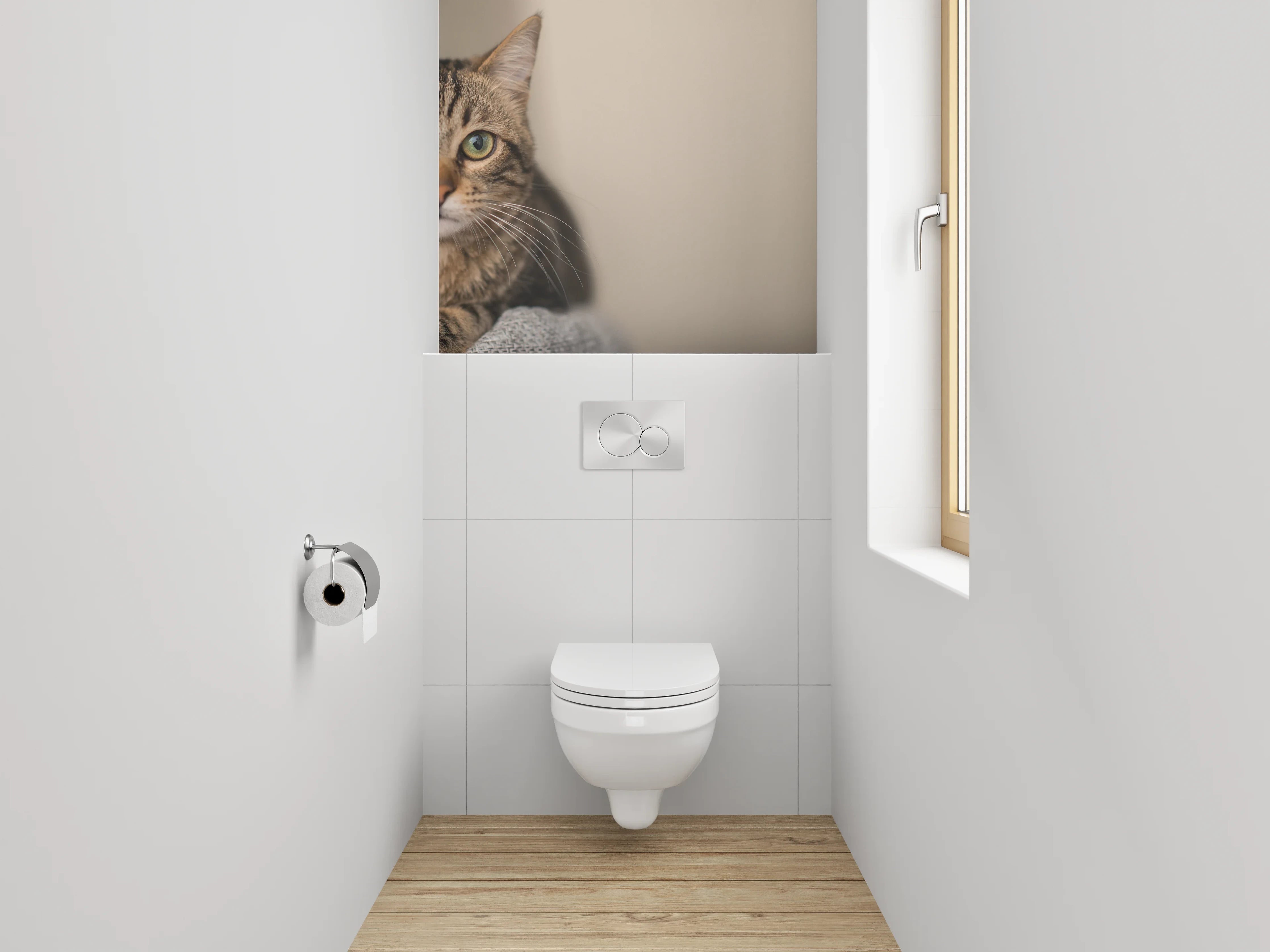 WC-Rückwand - Katzenblick auf beigem Hintergrund