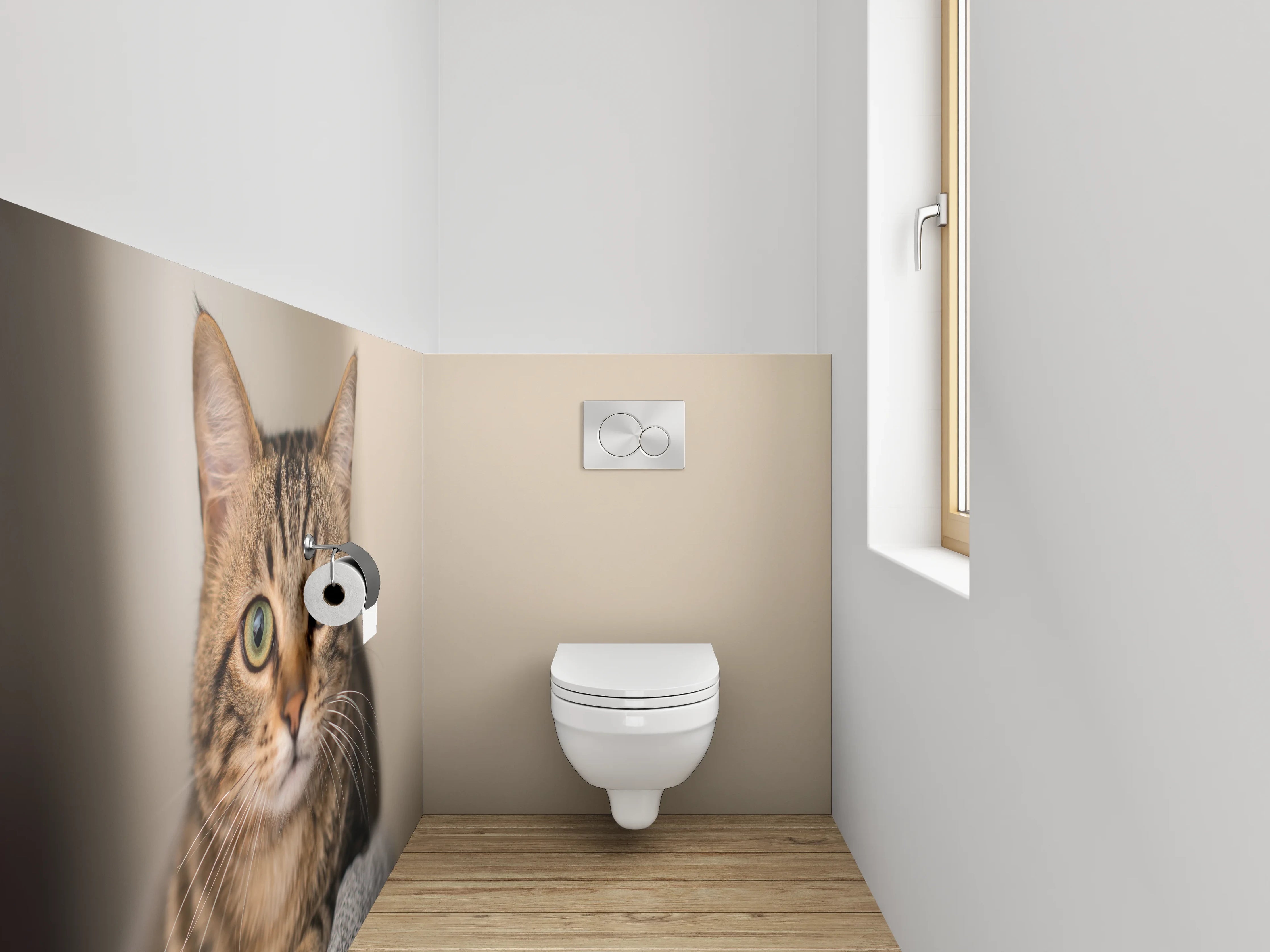 WC-Rückwand - Katzenblick auf beigem Hintergrund
