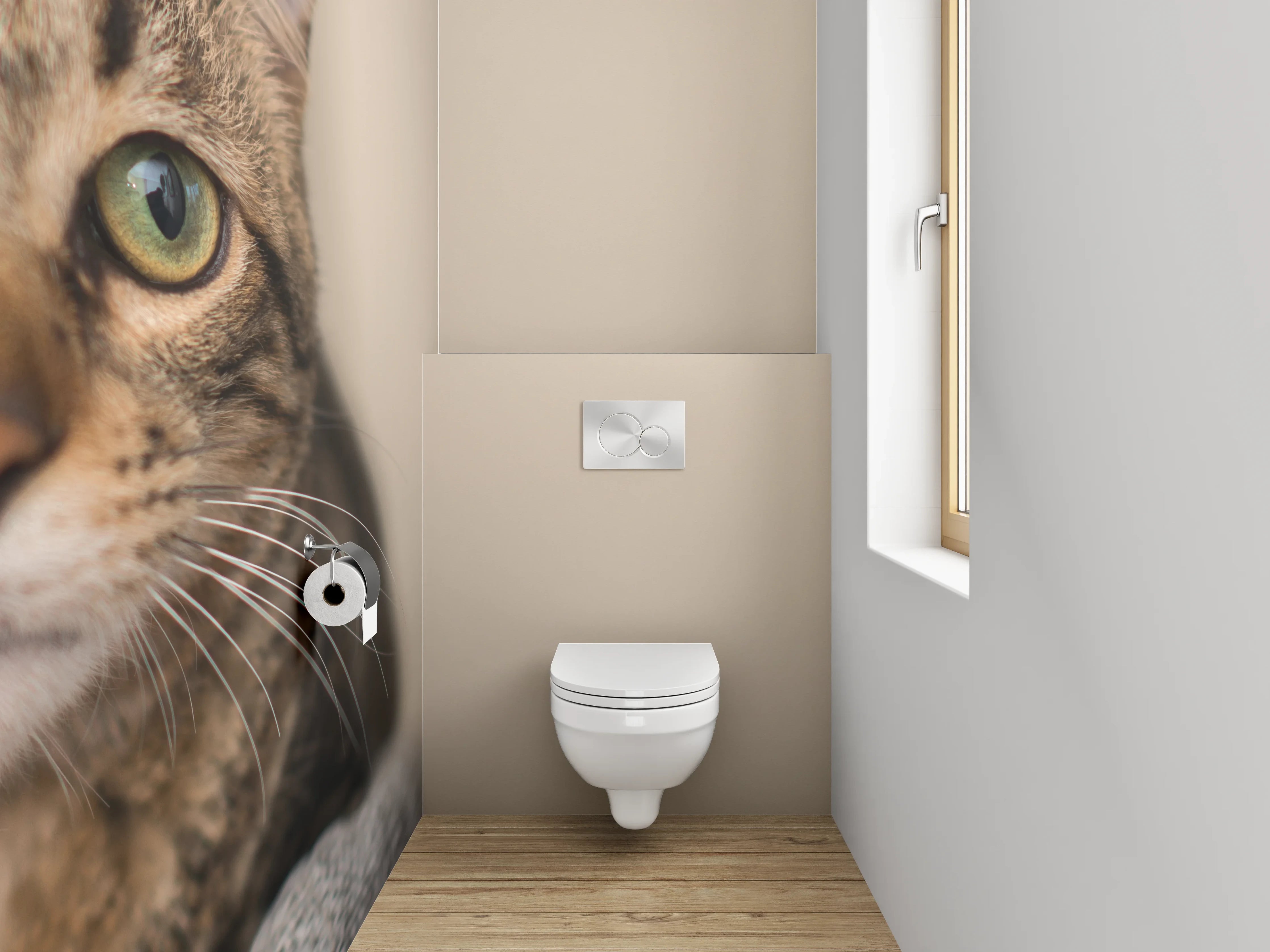 WC-Rückwand - Katzenblick auf beigem Hintergrund
