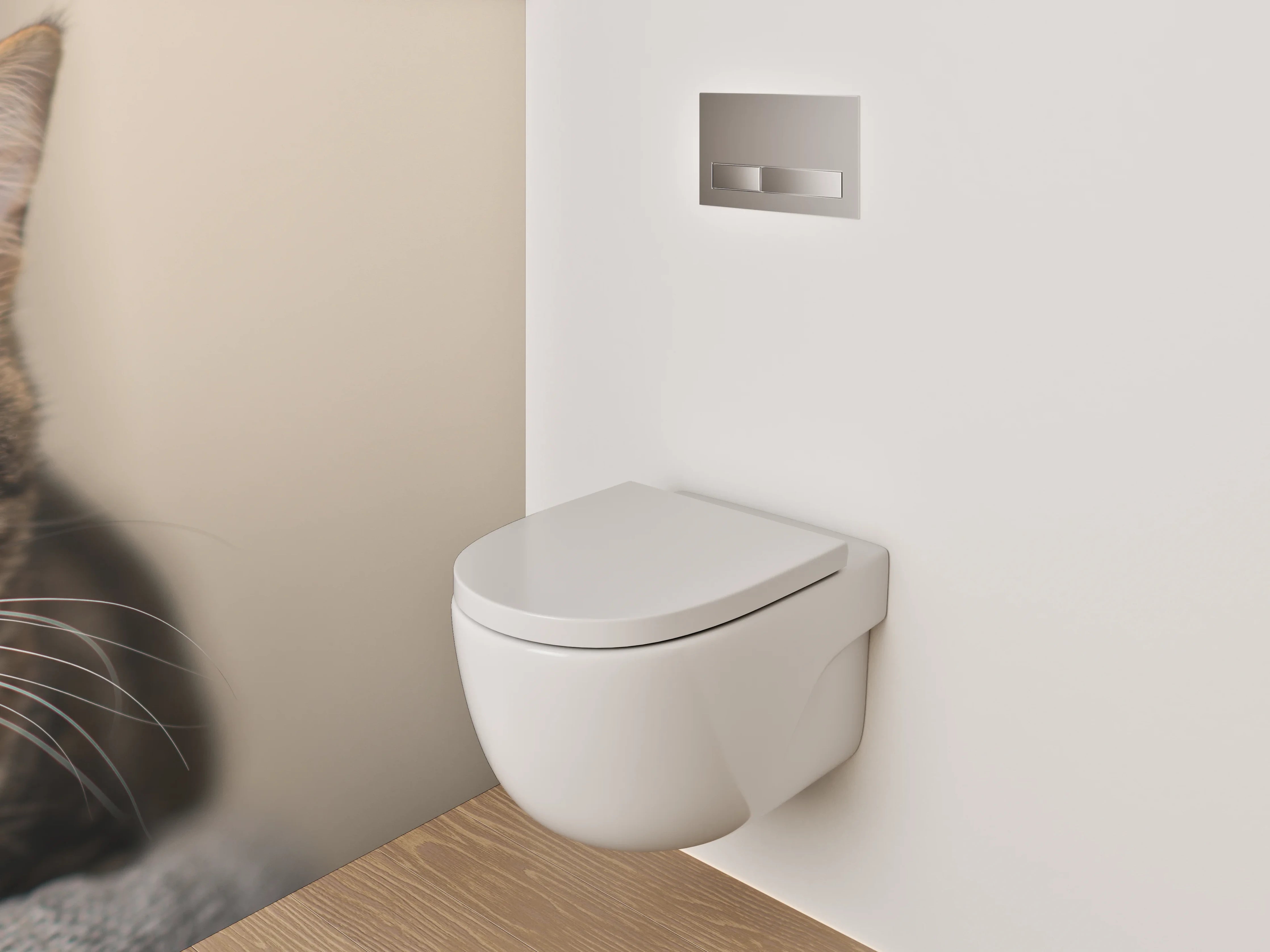 WC-Rückwand - Katzenblick auf beigem Hintergrund