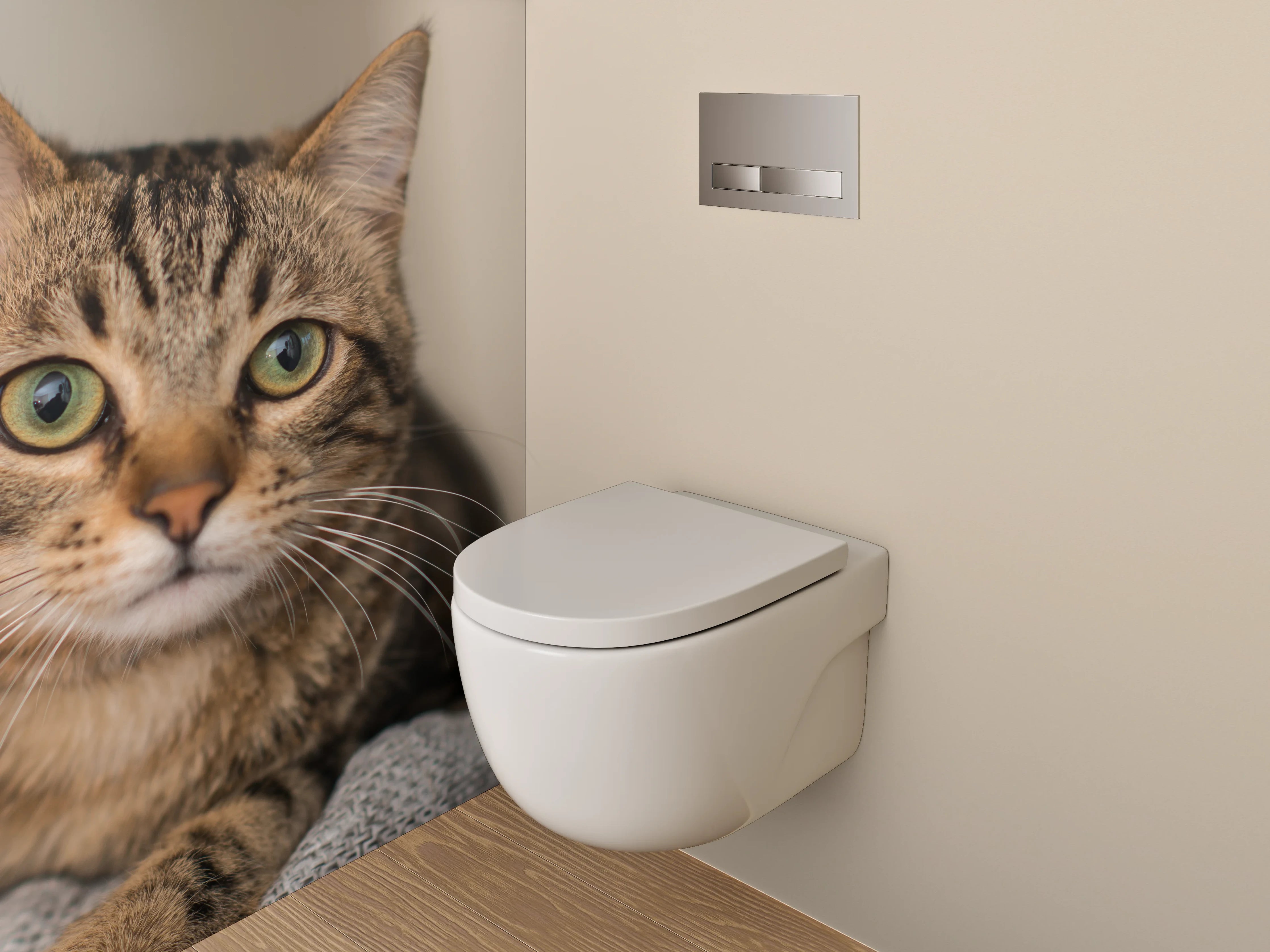 WC-Rückwand - Katzenblick auf beigem Hintergrund