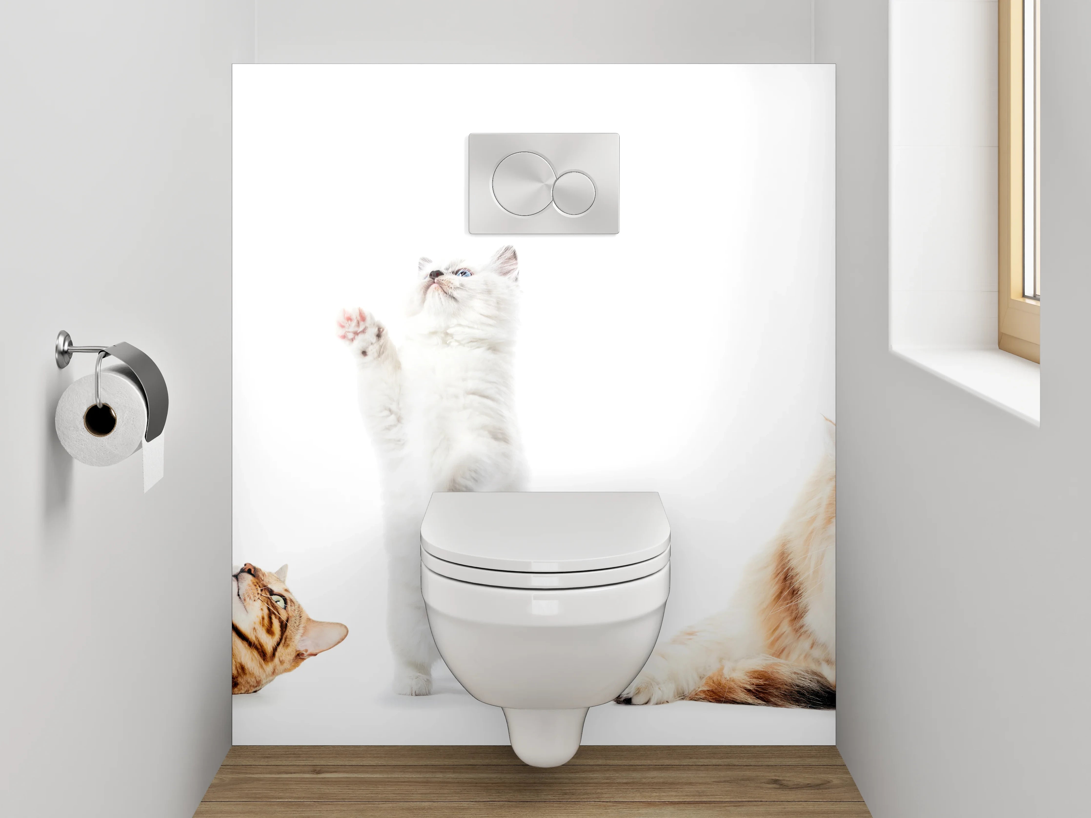 WC-Rückwand - Katzenparade auf weißem Hintergrund