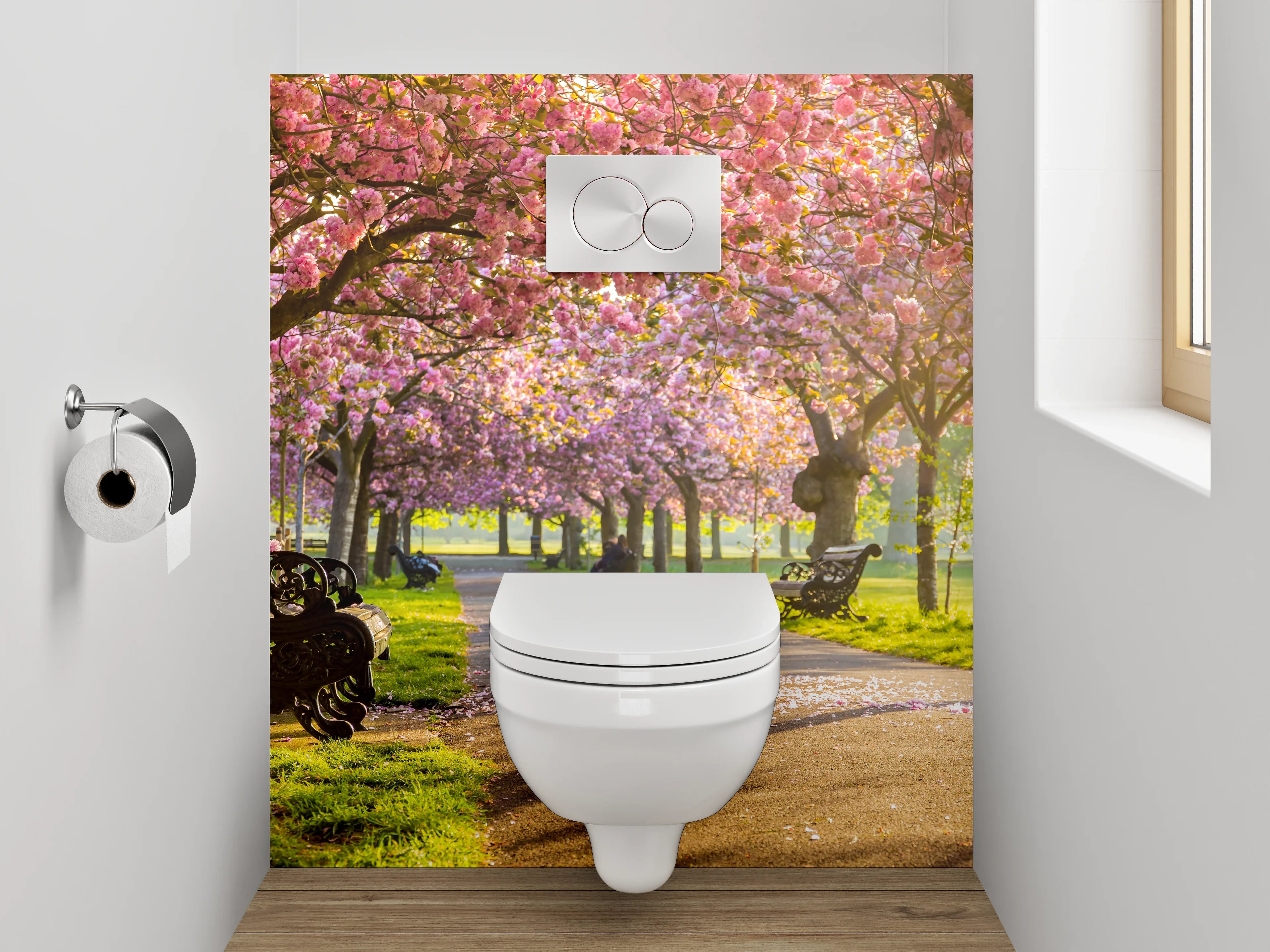 WC-Rückwand - Kirschblüten Allee im Sonnenlicht
