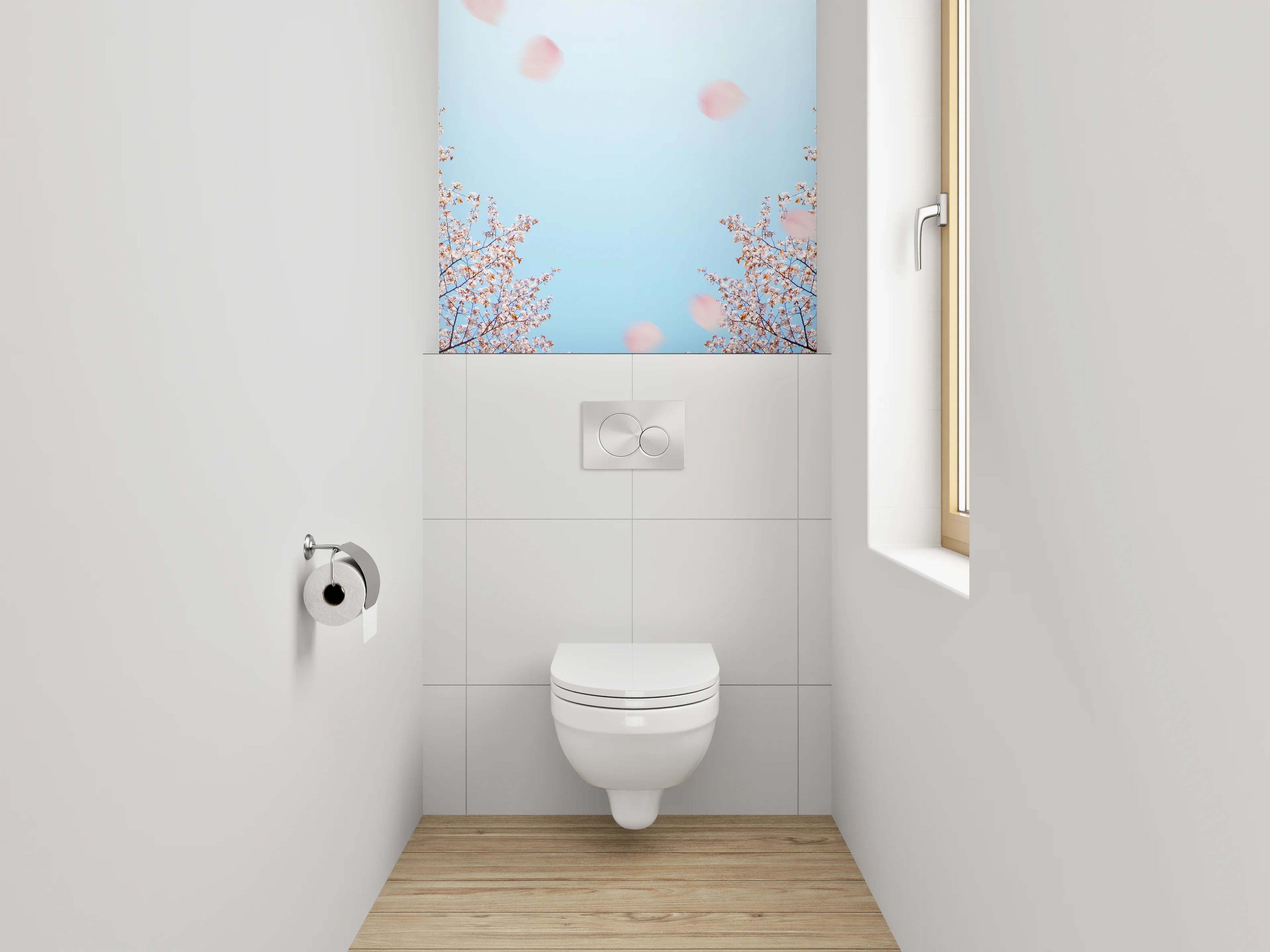 WC-Rückwand - Kirschblütenhimmel auf blauem Hintergrund